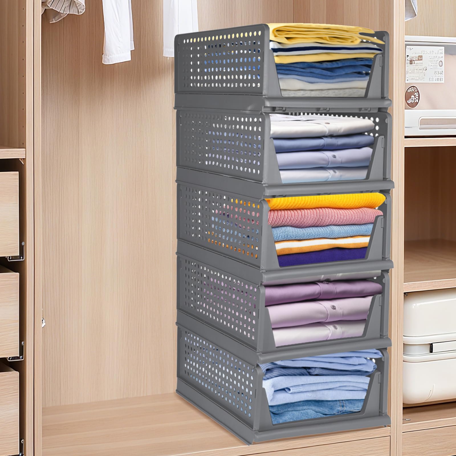 OHMG Organisateur Armoire Vetement 5 pcs Organisateur Tiroir Empilable Rangement Dressing Organisateur Plastique Boite Rangement Vetement et penderies pour Chambre,Penderie,Dressing,Buanderie