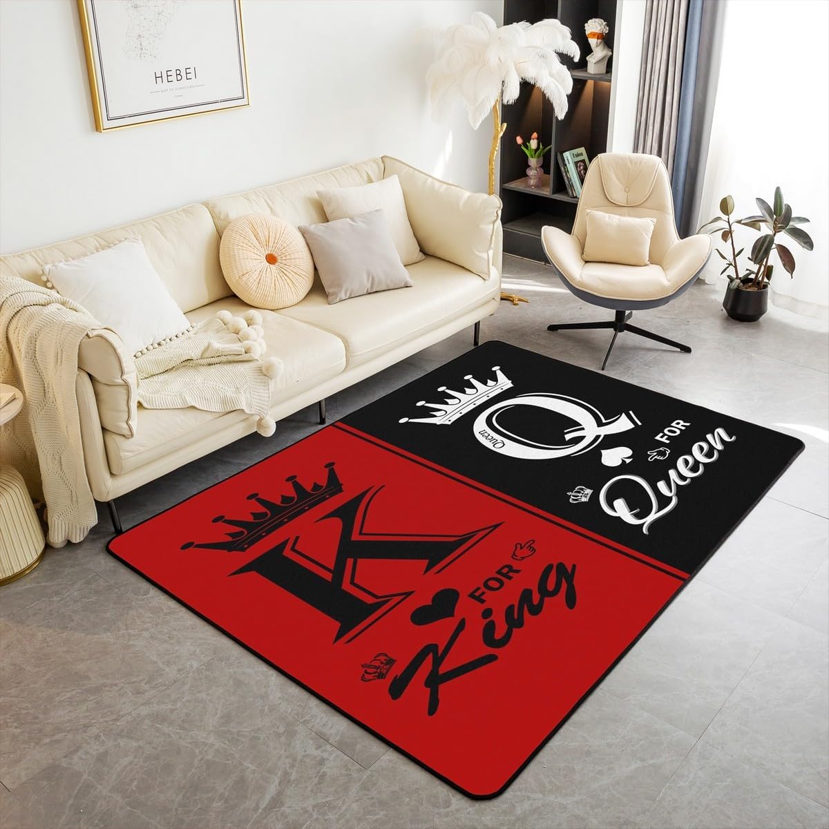 Erosebridal Black White Couple Area Rug 3x5, Valentine's Day Wedding Rectangular Carpet for Adults Women Men, King Queen Crown Non Slip Indoor Floor Mat for Living Room, Gifts Her His Decorative Rug