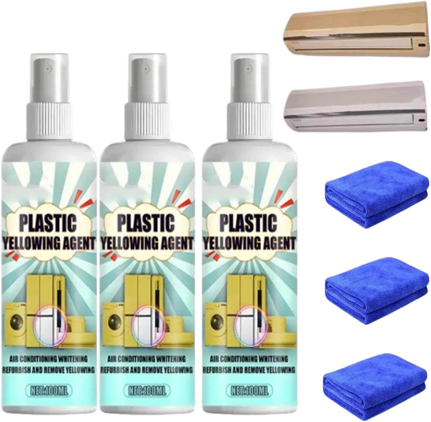 Plastic Yellowing Remover,Yellowing Remover Fast Acting Formulas Agent Set,100ml Heavy Duty Yellow Stain Removers for Air Conditioner Toilet Seat Home Appliances Plastic Surface Cleaner Restores (3)