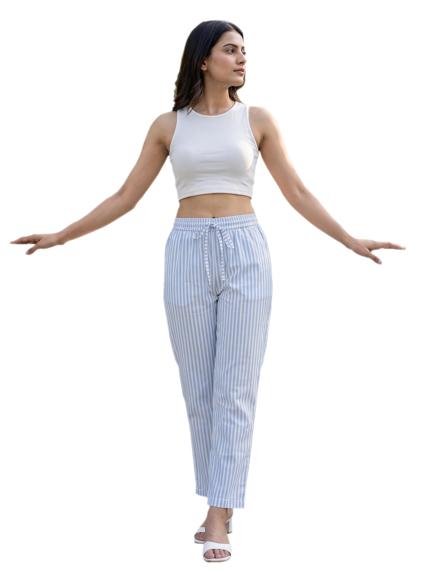 ABVI Women's Premium Cotton Poplin Striped Pajama Pants | Digital Printed Soft Lounge & Sleepwear Bottoms with Elasticated Drawstring Waist & Pockets (Light Blue & White)-image-35
