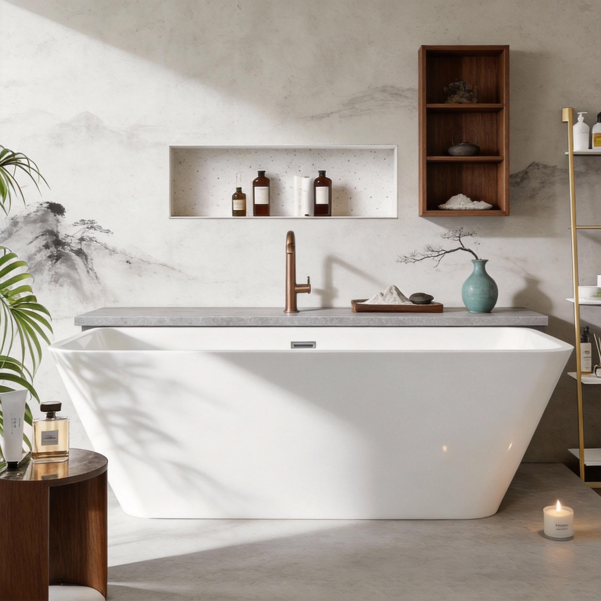 59'' Acrylic Freestanding Bathtub, Deep Soaking Tub, Modern Square