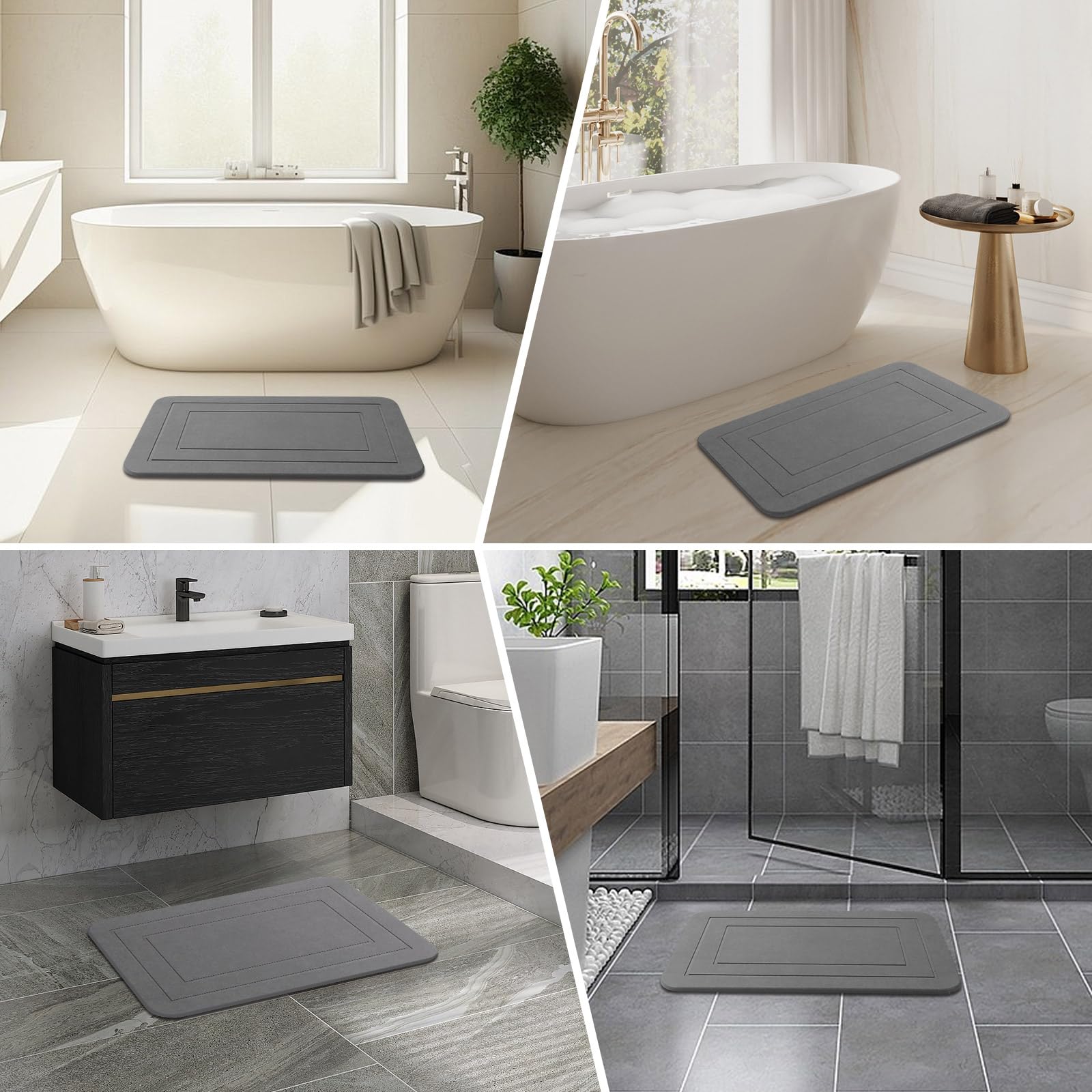 Lot de 2 Tapis de Bain en Pierre, Tapis de Douche en Terre de diatomée, antidérapant, Super Absorbant, séchage Rapide, Tapis de Sol pour Salle de Bain et Cuisine (Gris, 61 x 38,1 cm)