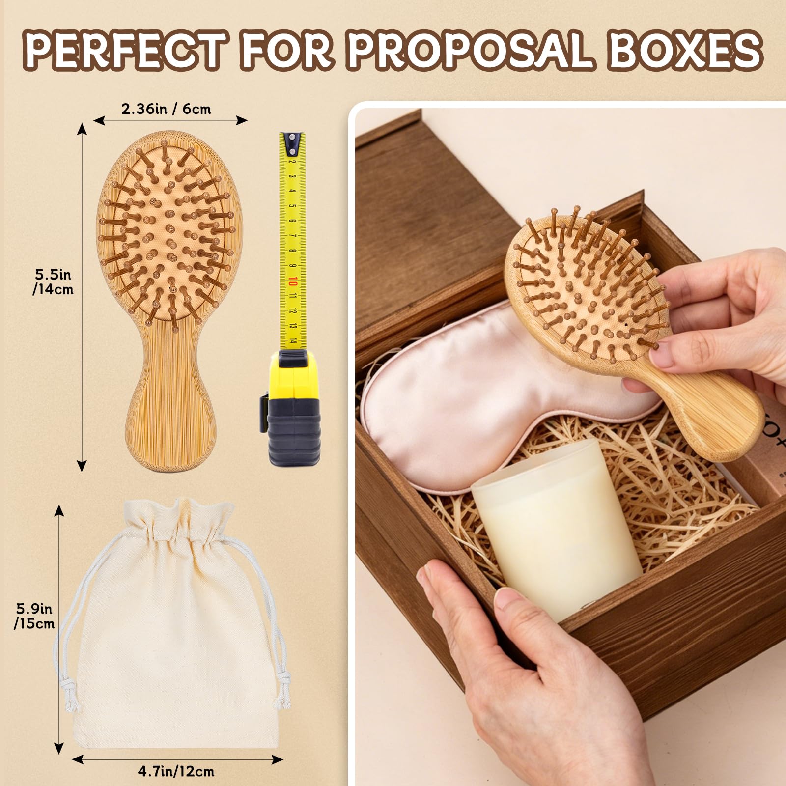 10-Pack Mini Bamboo Hair Brush Set with Linen Bags, 5.5-Inch Blank Wooden Brushes