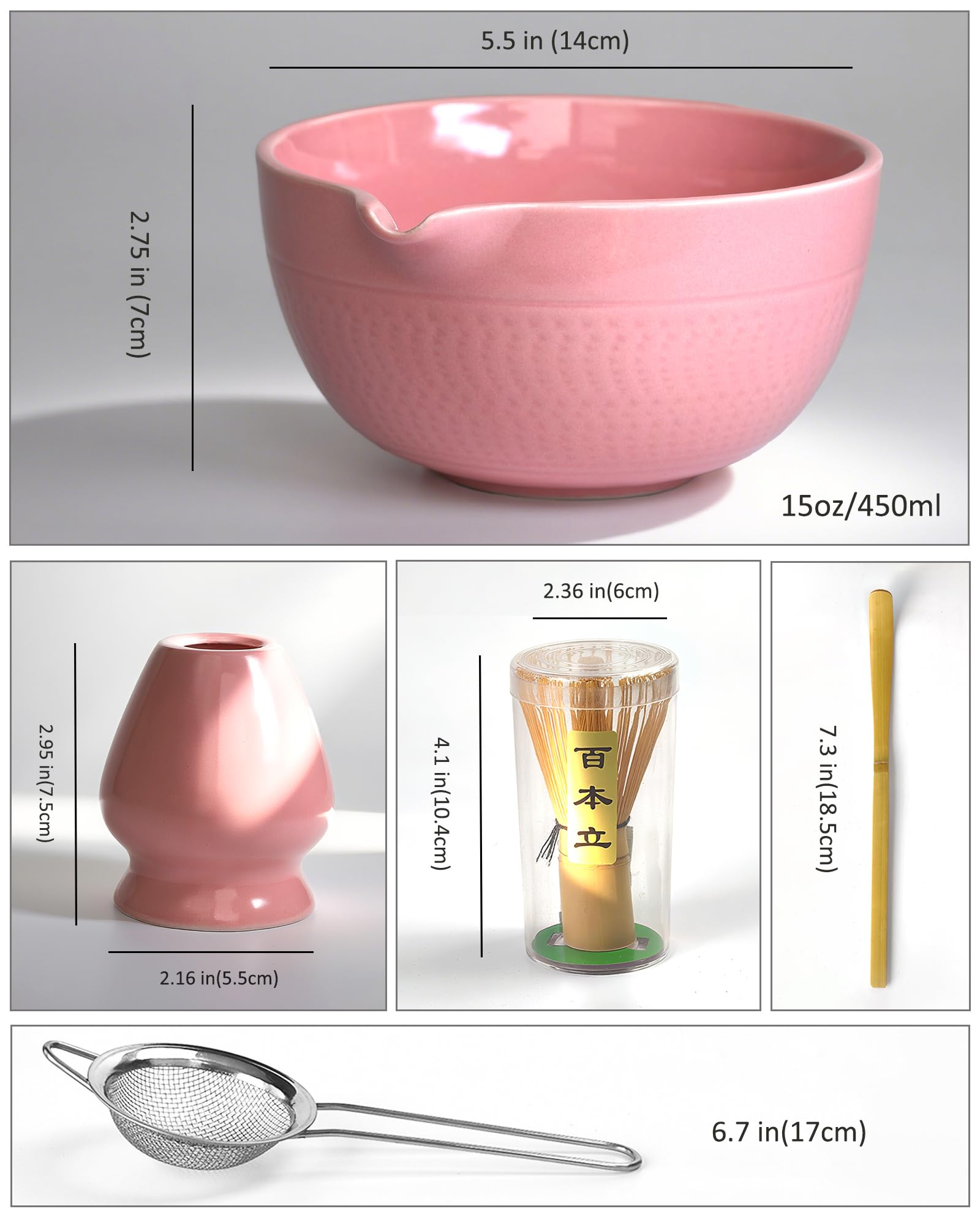 Rosa Matcha Kit con Frusta, 5 Pezzi Macha Tea Kit, Completo Matcha Whisk Set con pink matcha ciotola con beccuccio, frustino bambù(chasen), supporto, setaccio, cucchiaio, Giapponese Matcha Polvere Kit