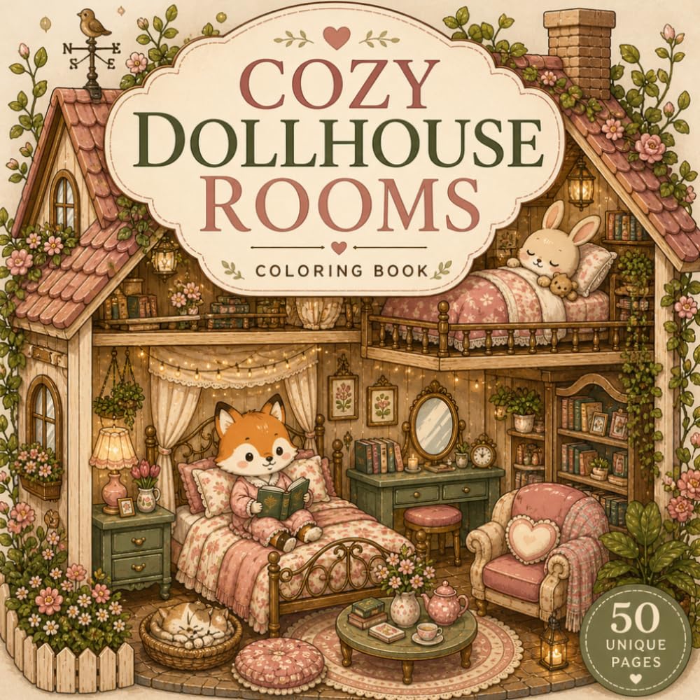 Cozy Dollhouse Rooms Coloring Book: 50 Relaxing Cottagecore Interiors, Miniature Home Scenes and Cozy Fantasy Spaces for Adults and Teens