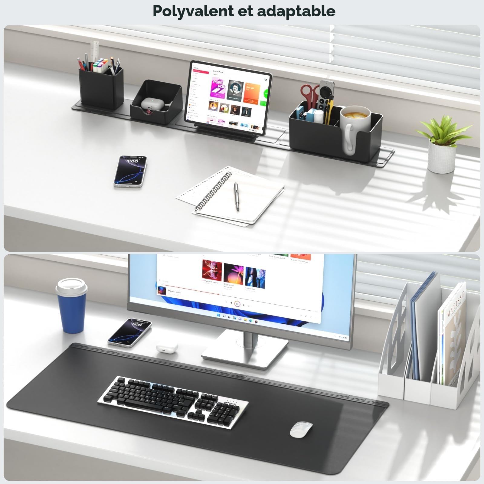 KDD Tapis de Bureau avec Set Organisation - 5 en 1 Tapis de Souris XXL avec Rangement Bureau - Support Magnétique pour Téléphone/Boîte Rangement avec Porte-gobelet/Porte-stylo pour Bureau, Maison