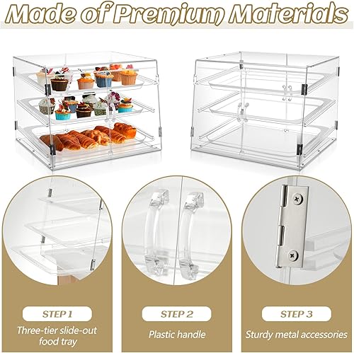 Miniatura 4 de Soaoo Vitrina de pastelería de 3 niveles, vitrina de panadería, vitrina comercial de acrílico para repostería, con bandejas extraíbles, pinzas para