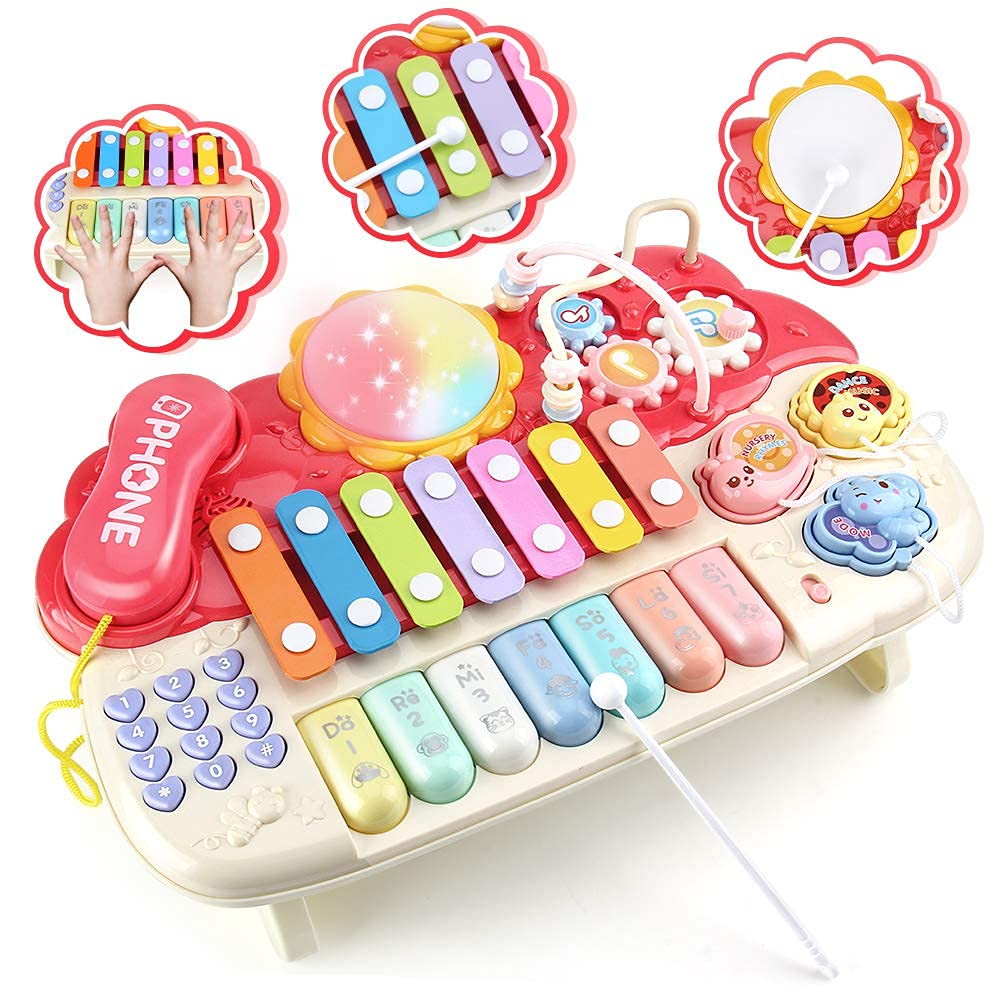Juguetes musicales para bebés, instrumento musical de desarrollo para bebés de 18 meses, con música e iluminación, juguete de piano de batería de aprendizaje rojo para niños pequeños 2