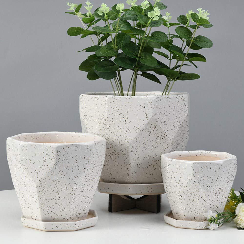 Ceramiczna doniczka na rośliny geometria wielokąt donice ogrodowe woskowana biała bardzo duża z dzieloną tacą doniczka na kwiaty do roślin wewnętrznych z otworem drenażowym (rozmiar: duża)
