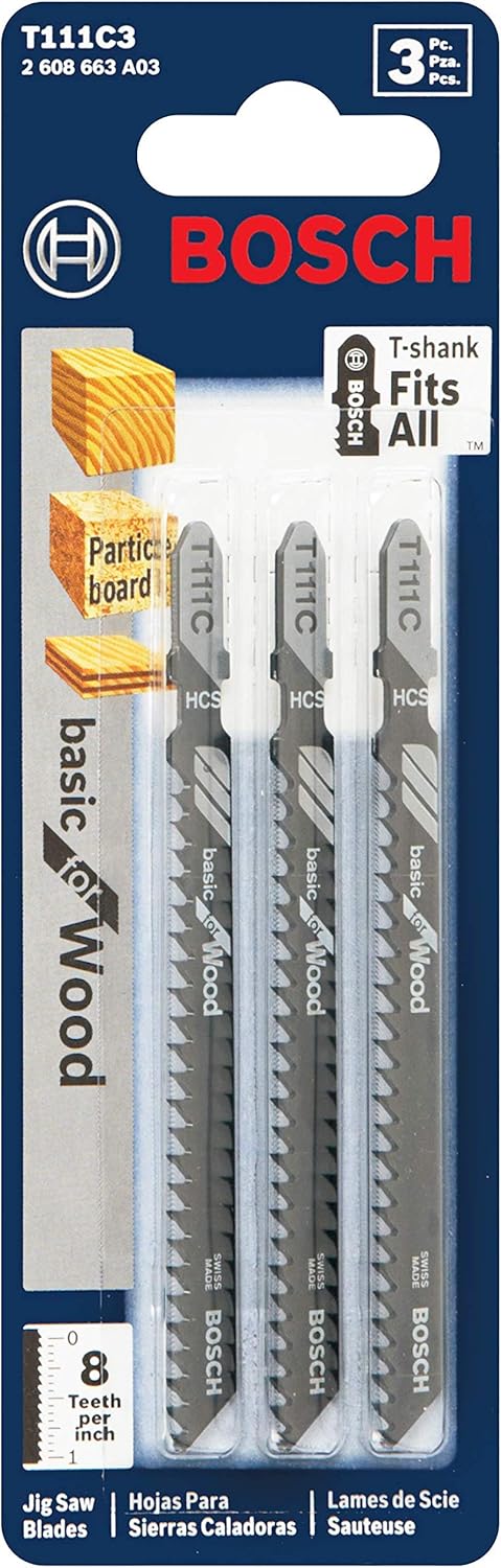 Bosch T111C3 3-Piece 4 In. 8 TPI Basic for Wood T-Shank Jig Saw Blades
