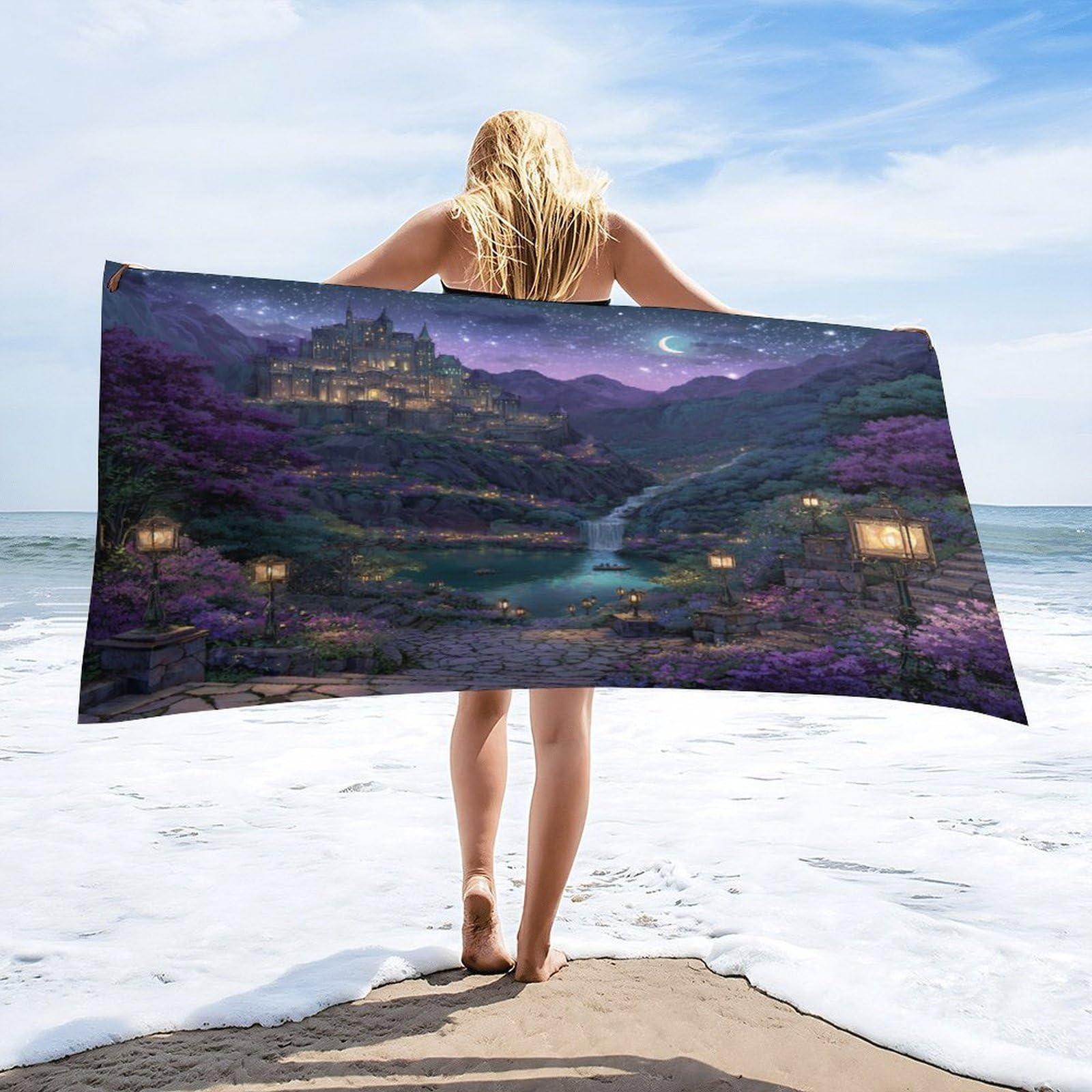 Luyysky Classic Abstract Fantasy Castle Absorbent Beach Towel, Rustic Oil Painting Moon Starry Sky Galaxy Lake Plant Floral Outdoor Single-Sided Velvet Beach Towel-80 W Cm X 160" L Cm
