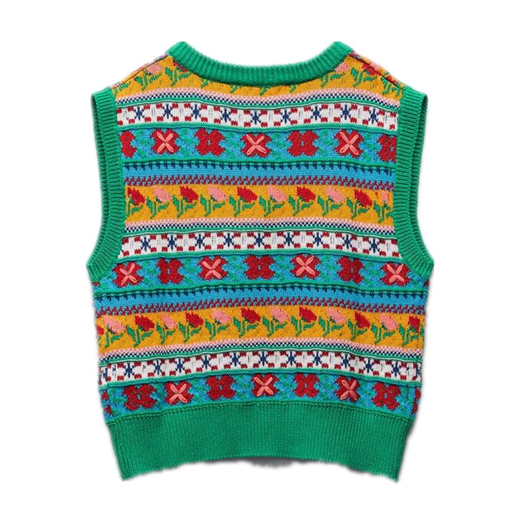 RWRAPS Chaleco Casual Todo Fósforo Floral de Punto Jacquard Chaleco Suéter Retro con Cuello en V Sin Mangas Chaleco de Mujer Top Elegante (Color: D, Tamaño: M Código) (Código DL)