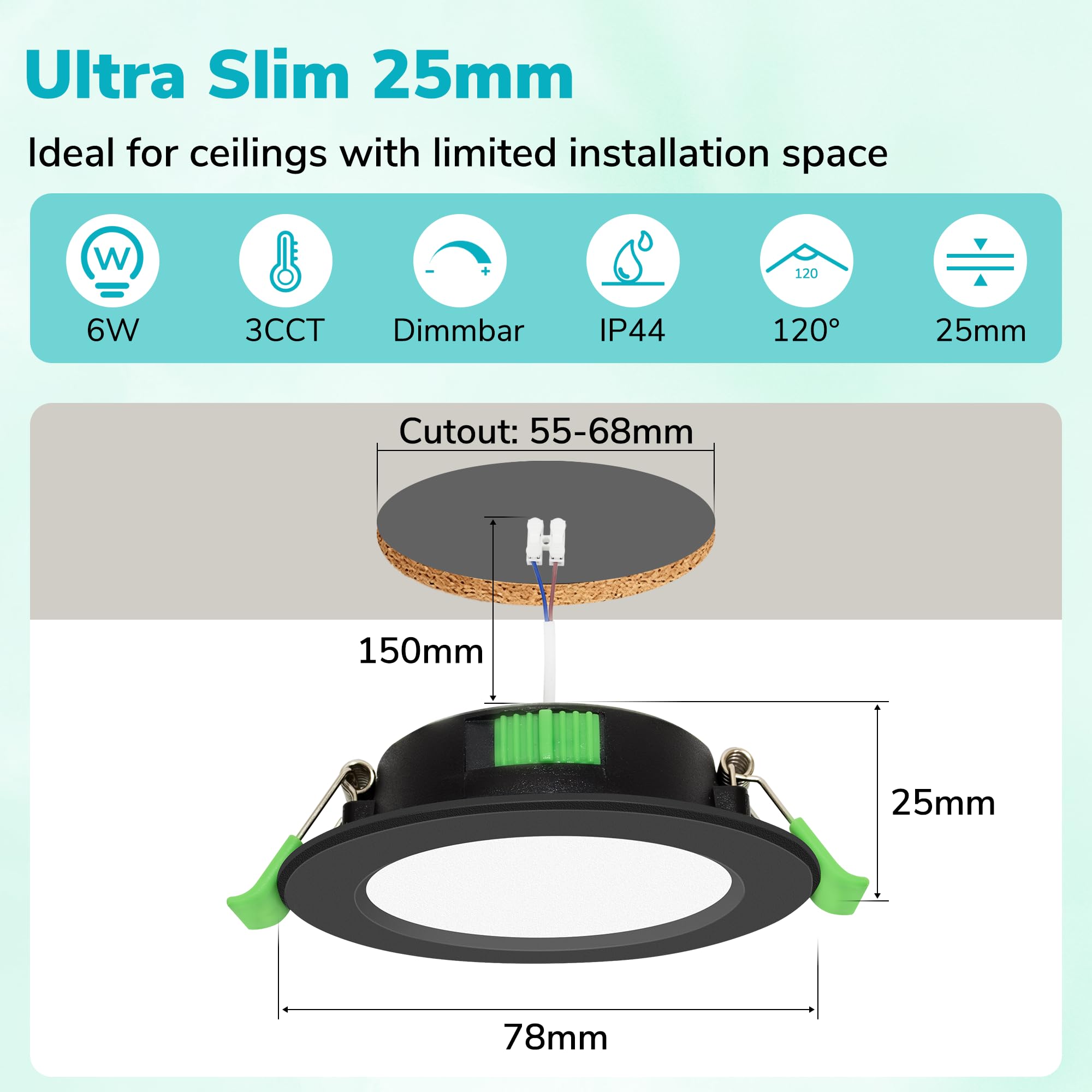 LED Einbaustrahler 230V Dimmbar 10er Set, 55–68 mm Lochmaß, 0–100% stufenlos dimmbar, Ultra Flach 25 mm, 6W, 2700K/4000K/6500K Einbauspots, IP44 LED Spots für Bad, Küche, Wohnzimmer, Schwarz