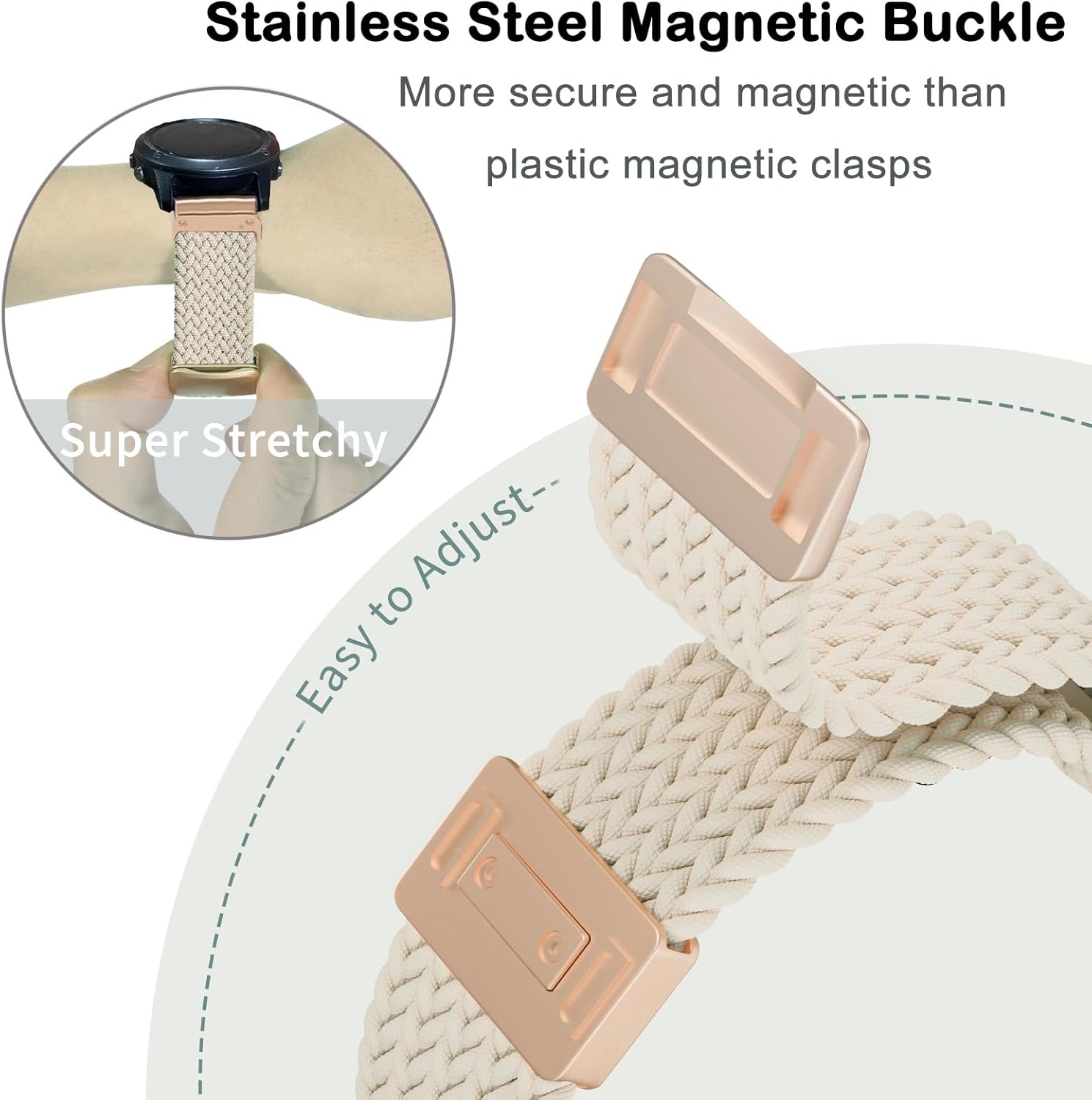 Quick Fit Braided Watch Bands Compatible with 20mm Garmin Fenix 8 43mm/ Fenix 7S/ Fenix 6S/ Fenix 5S /epix Pro 42mm, Magnetic Stretchy Nylon Elastic Fabric Strap for Garmin Approach S70 42mm - Image 6