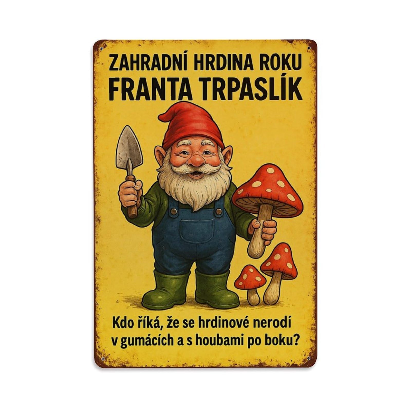 Gnome Garden Mushroom Trowel Boots Retro Metal Tin Sign, Vintage Decor Art Poster for Bar, Home, Man Cave, Kitchen, Laundry Room Gift 8x12Inch