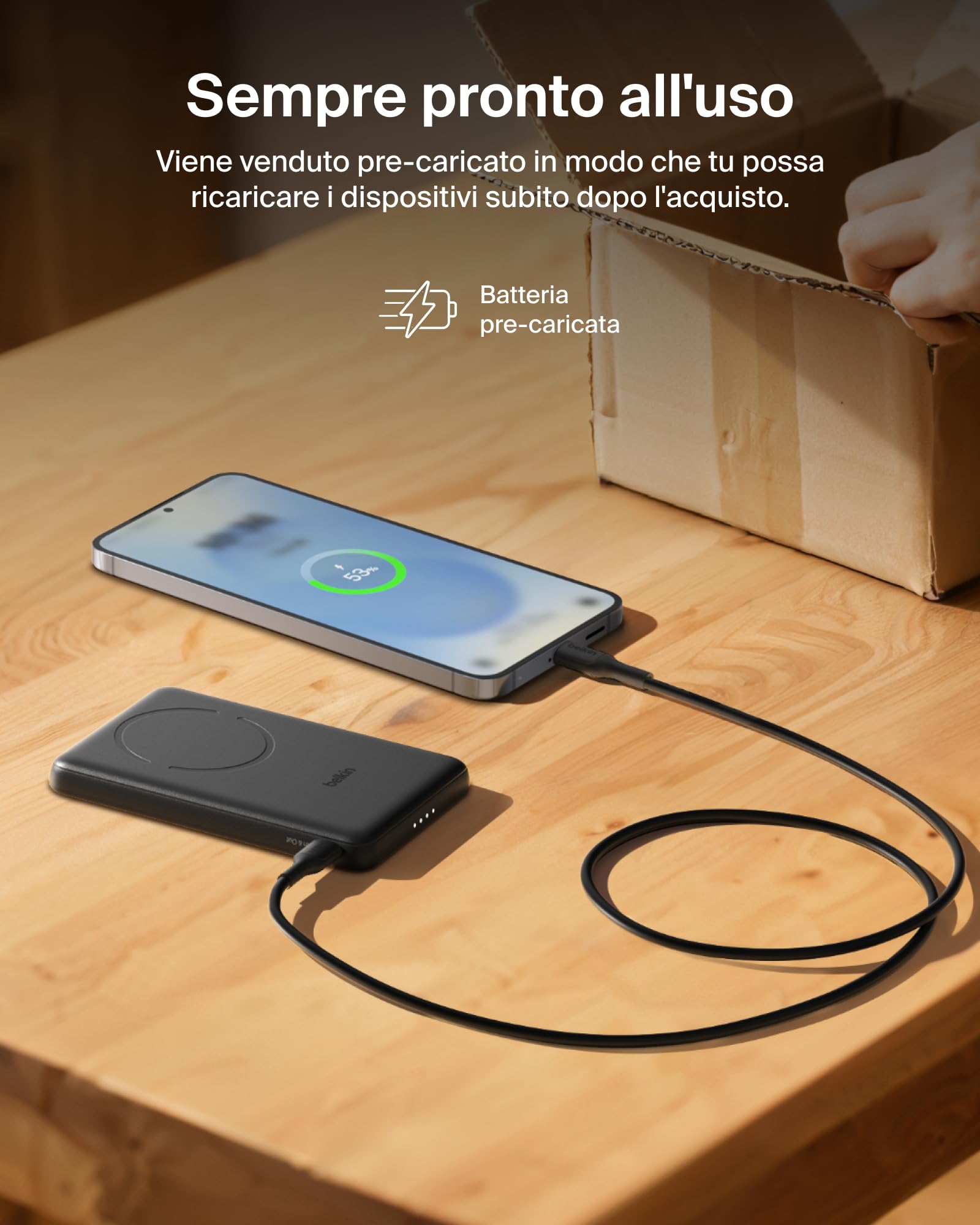 Belkin BoostCharge Power Bank Magnetico 5000mAh, Qi2 7.5W Caricatore Portatile Sottile con Anello Magnetico e Porta USB-C, Cavo USB-C Incluso, Power Bank per iPhone, Galaxy, Pixel, iPad e altro, Nero