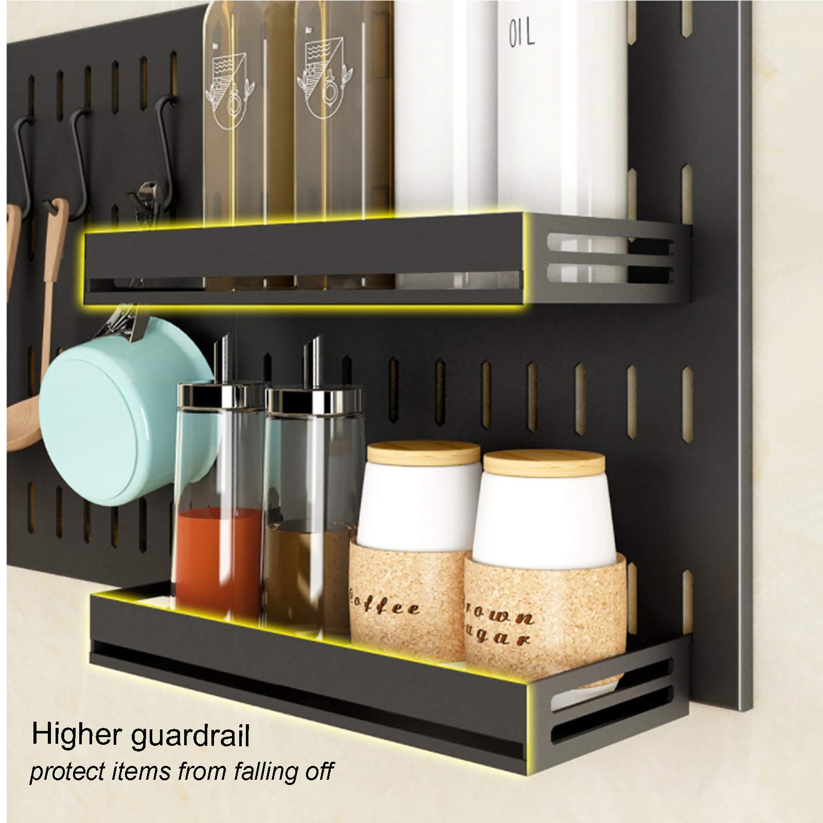 Escurreplatos de Pared para Colgar en Paneles Traseros, especiero a presión para una fácil instalación y extracción, escurridor de Platos de Acero Inoxidable con escurridor y 5 Ganchos móviles