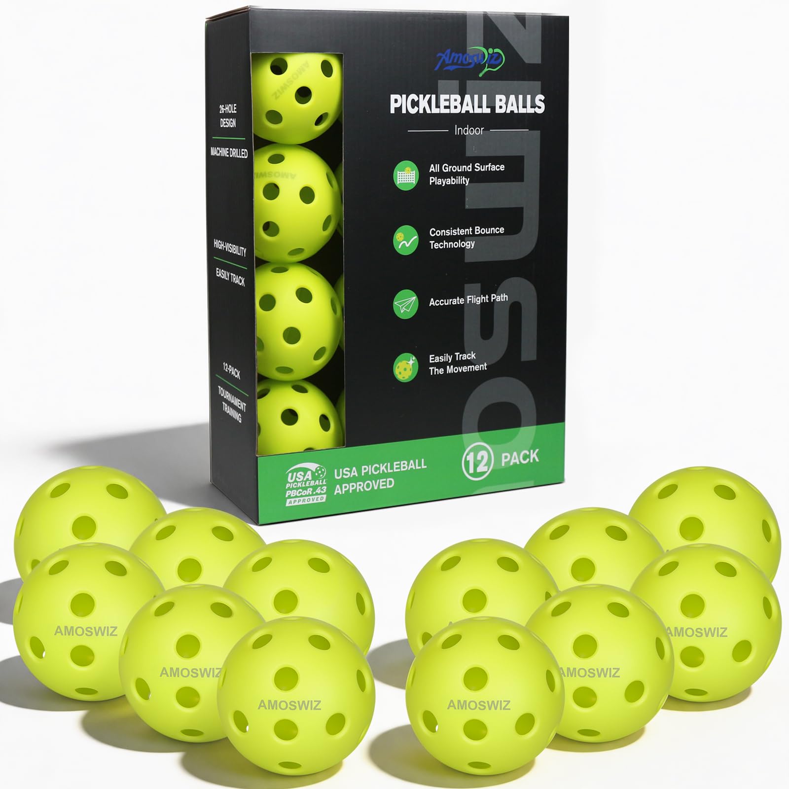 Amoswiz Indoor Pickleball Balls, 12 Pack of 26 Holes Pickleballs, USAPA Approved Indoor Pickleballs Set, High Visibility Durable Pickle Balls for Training and Tournament, Green