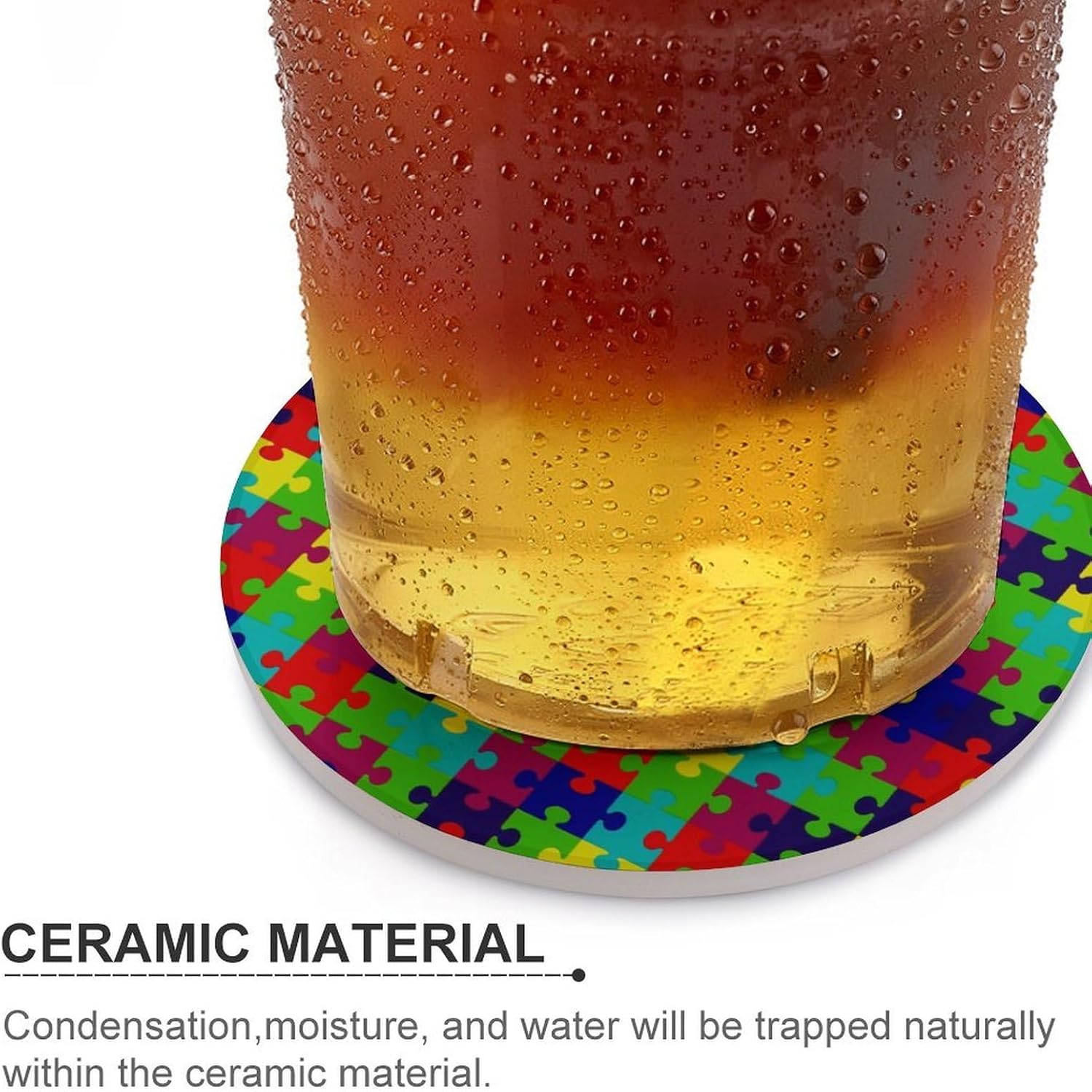 Cute AutismAwareness Circular Ceramic Absorbent Coaster, Suitable for Various Cups 6PCS