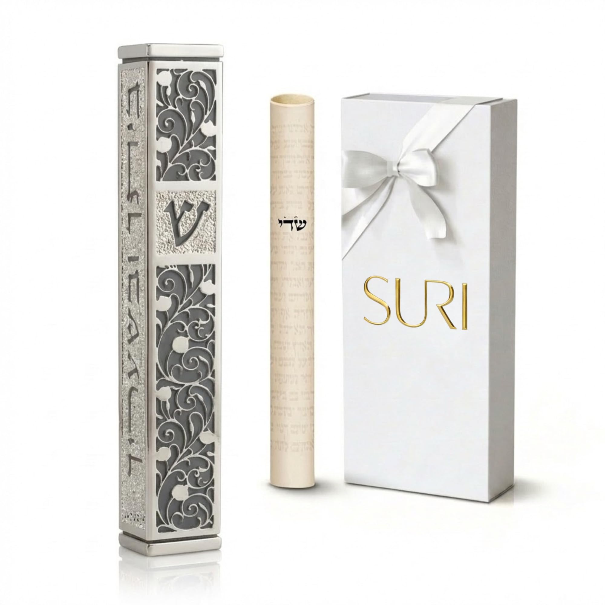 SURI Mezuzah for Door with Scroll, 7 Inch Silver and Gray Mezuzah Case with Non Kosher Scroll Inside, Fits a up to 6 Inch Scroll, Includes Adhesive and Gift Box