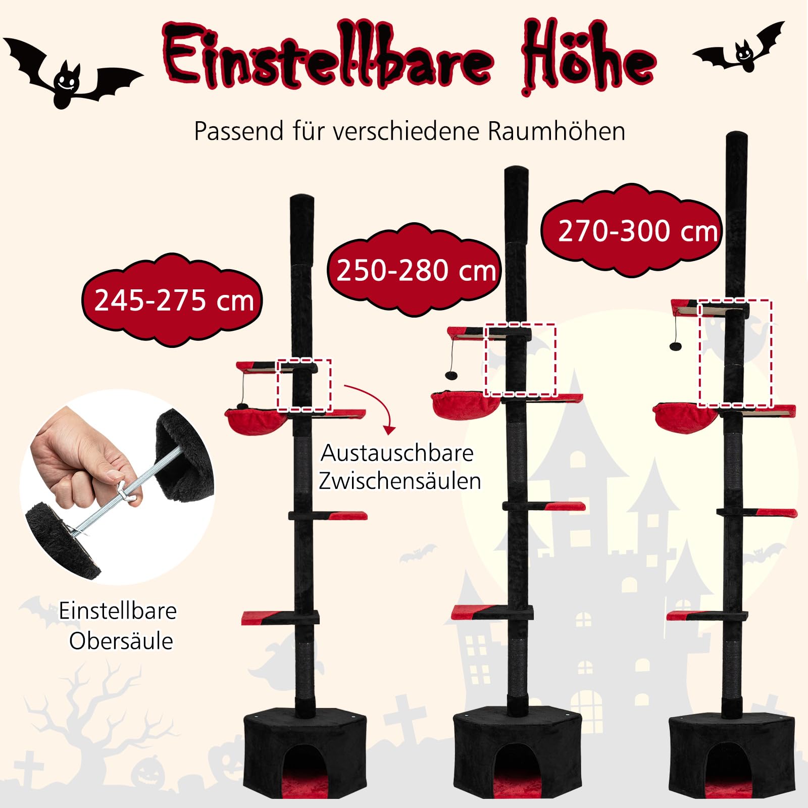 COSTWAY Drapak na sufit, 245-300 cm, od podłogi do sufitu, gotycki Halloween, 5-piętrowy drapak dla kotów, drapak na dużą wysokość, drzewo do wspinaczki z sizalowymi słupami, koszykiem, jaskinią i