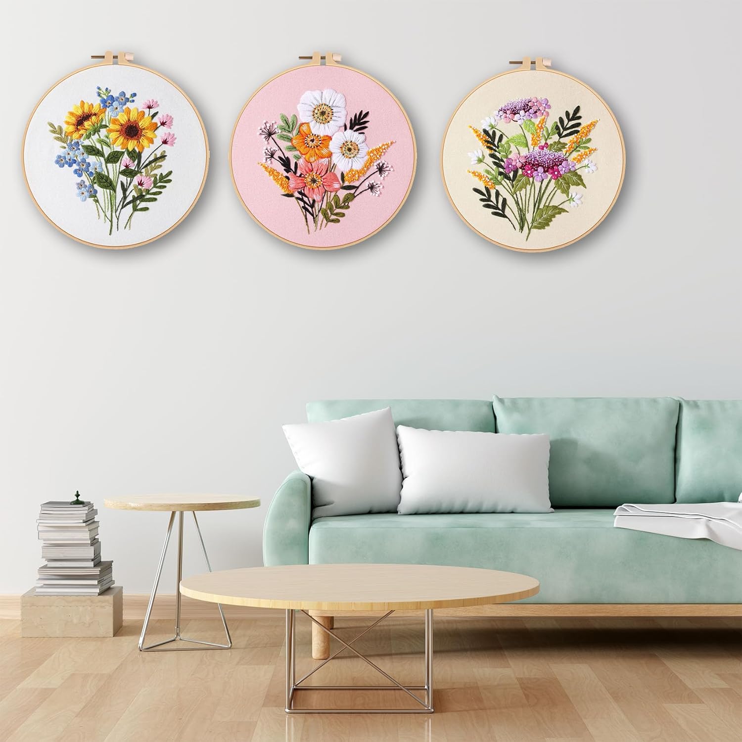 Ohcol 3 Sets Embroidery Kit for Beginners Cross Stitch Kits Needlepoint Kits Crafts for Adults with 3 Embroidery Hoops Easy-to-Follow Operating Instructions,Needle Point Kits with Flowers Patterns