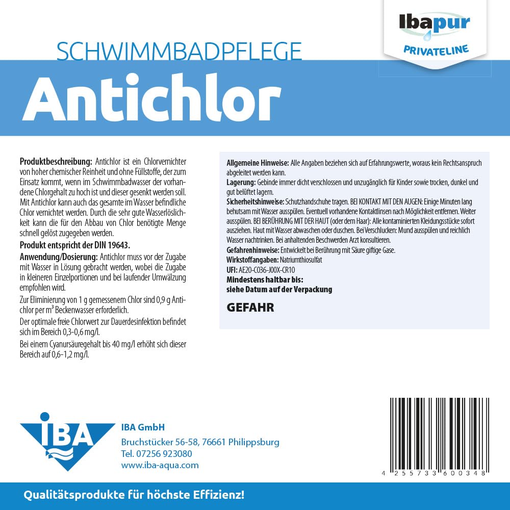 IBA 5 kg Antichlor Chlorvernichter Chlor-Ex Neutralisator Pool Schwimmbecken