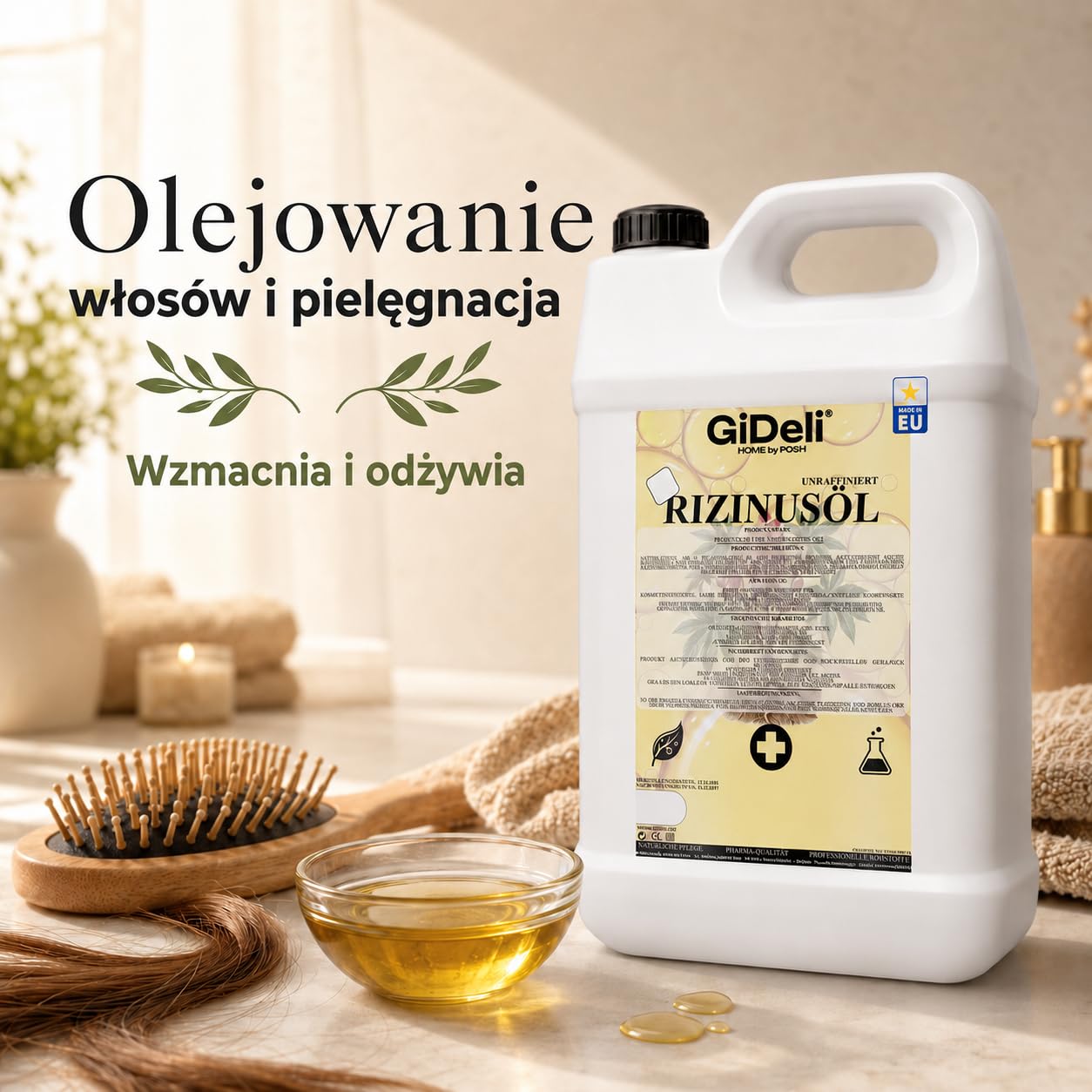 GiDeli Olej rycynowy tłoczony na zimno 2 x 5 l – czysty olej rycynowy w Ph. Eur. Jakość do włosów, rzęs i skóry – nierafinowany olejek pielęgnacyjny jako baza do kosmetyków naturalnych DIY – nie