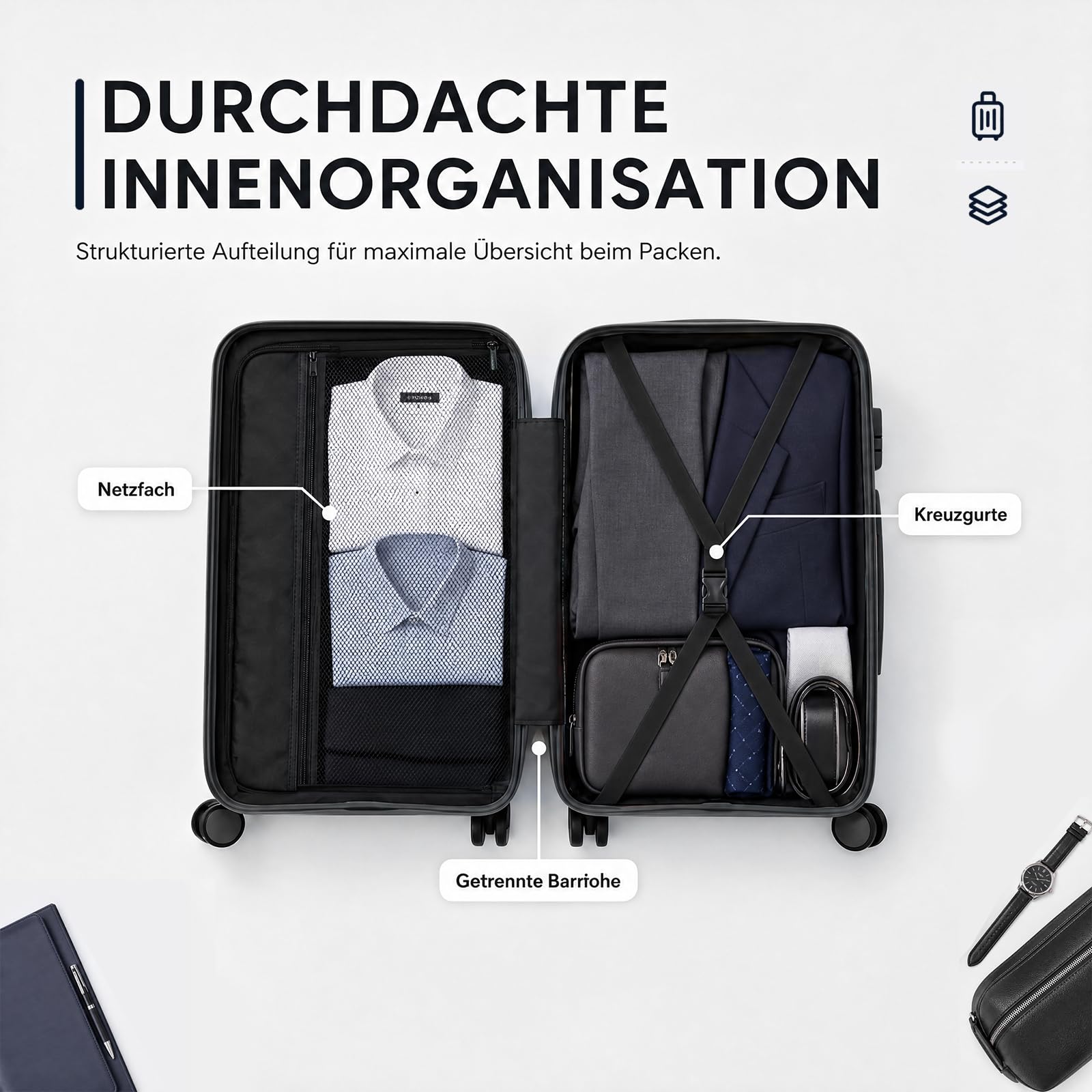Mariner Leichter Handgepäck Koffer S 55 x 36 x 21 cm, Carbon Black | PP-Hartschale, hochwertig & robust, 360°-Doppelrollen, klare Innenaufteilung