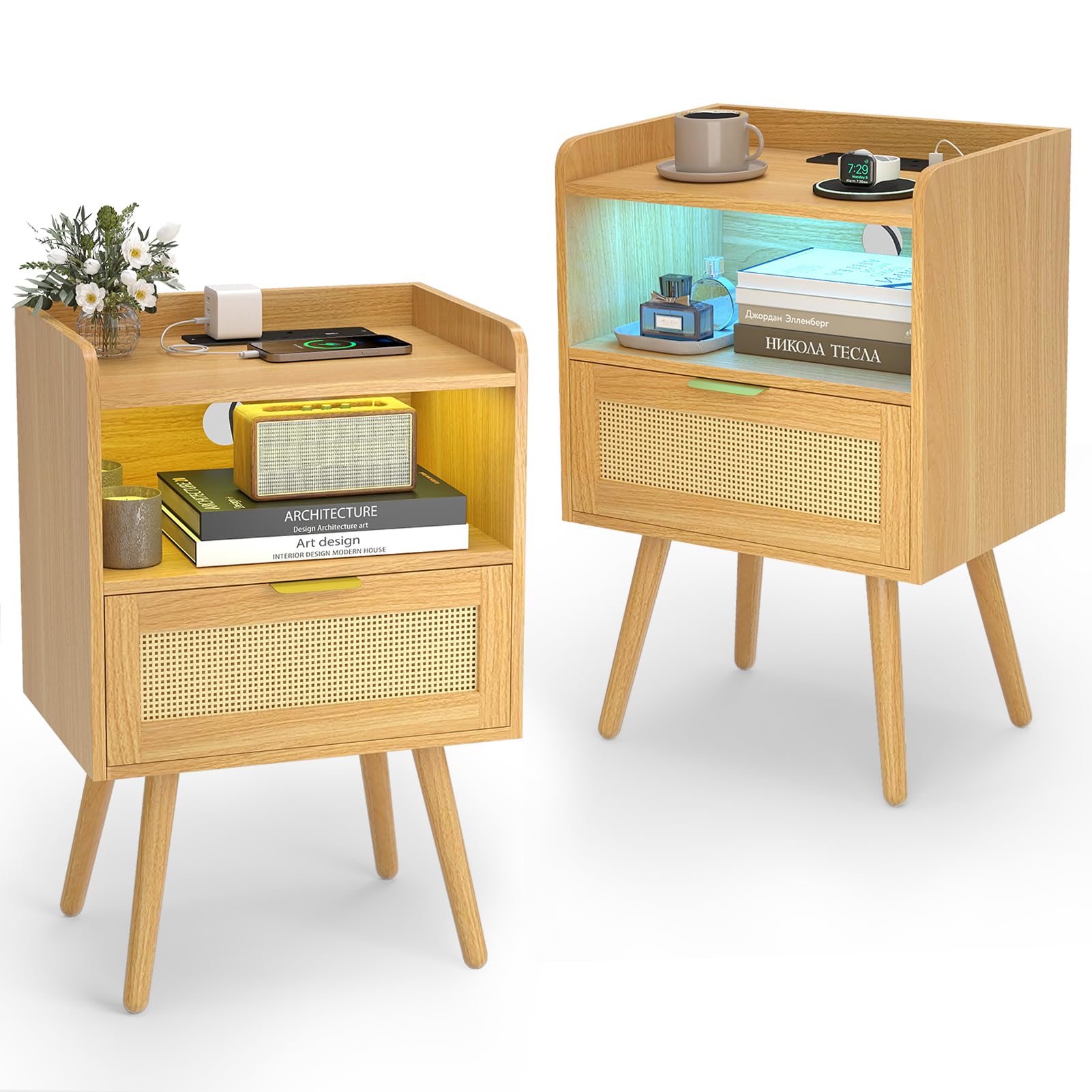 Fulasofia Bedside Table Bedside Tables Set of 2, Side Table with Charging Station, Rattan Decorated Drawers, Wood Nigntstand Table with LED Light, End Table with Storage for Bedroom, Natural