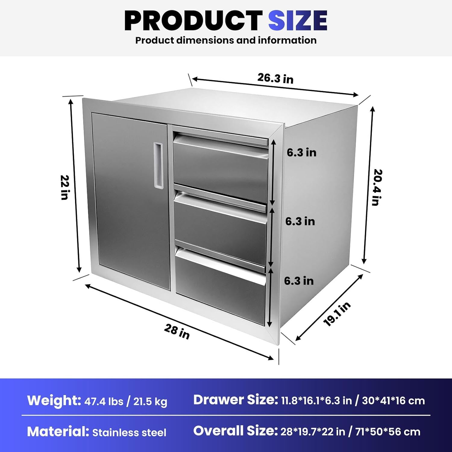 Outdoor Kitchen Drawer Combo, 28" W x 22" H x 19.7" D, Stainless Steel Kitchen Cabinets with Triple Drawers and Access Door, Multi-Layer Design for BBQ Island