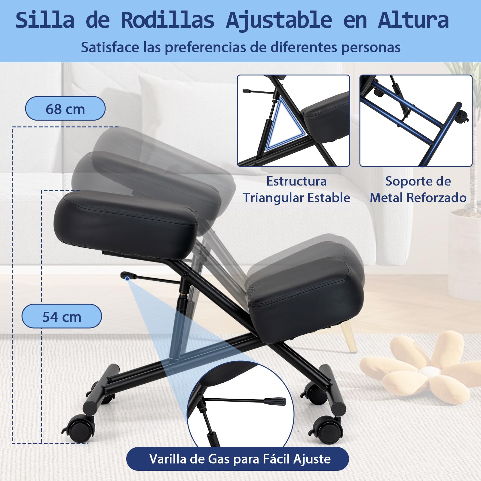 COSTWAY Silla Ergonomica Rodillas, Ajustable en Altura, Cojines de Espuma, Taburete Corrector de Postura con Asiento Inclinado para Aliviar el Dolor, Silla de Oficina con Ruedas Universales
