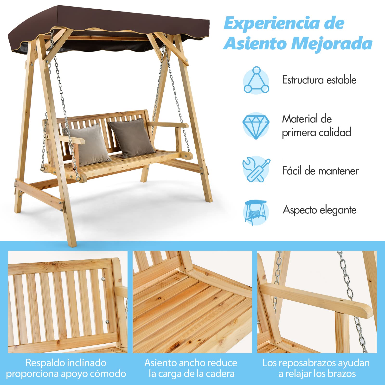 COSTWAY Columpio Balancin Jardin de Madera 2 Plazas,Toldo Ajustable, Silla de Madera de Columpio de Patio hasta 240kg, 175x106x182 cm, Porche, Patio Trasero, Balcón (con toldo)