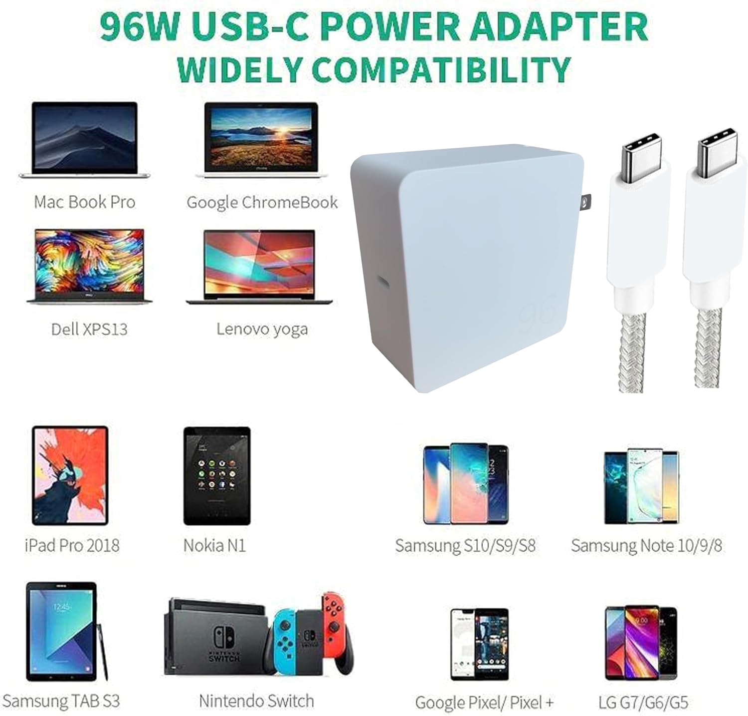 96W Fast USB-C Adapter Charger for HP Dragonfly Pro Laptop Chromebook and Other Output 5.0V, 9.0V, 15.0V 3.0A, 20.0V/4.8A, PD3.0 Laptop Adapter | Foldable Plug | UL Certified, White