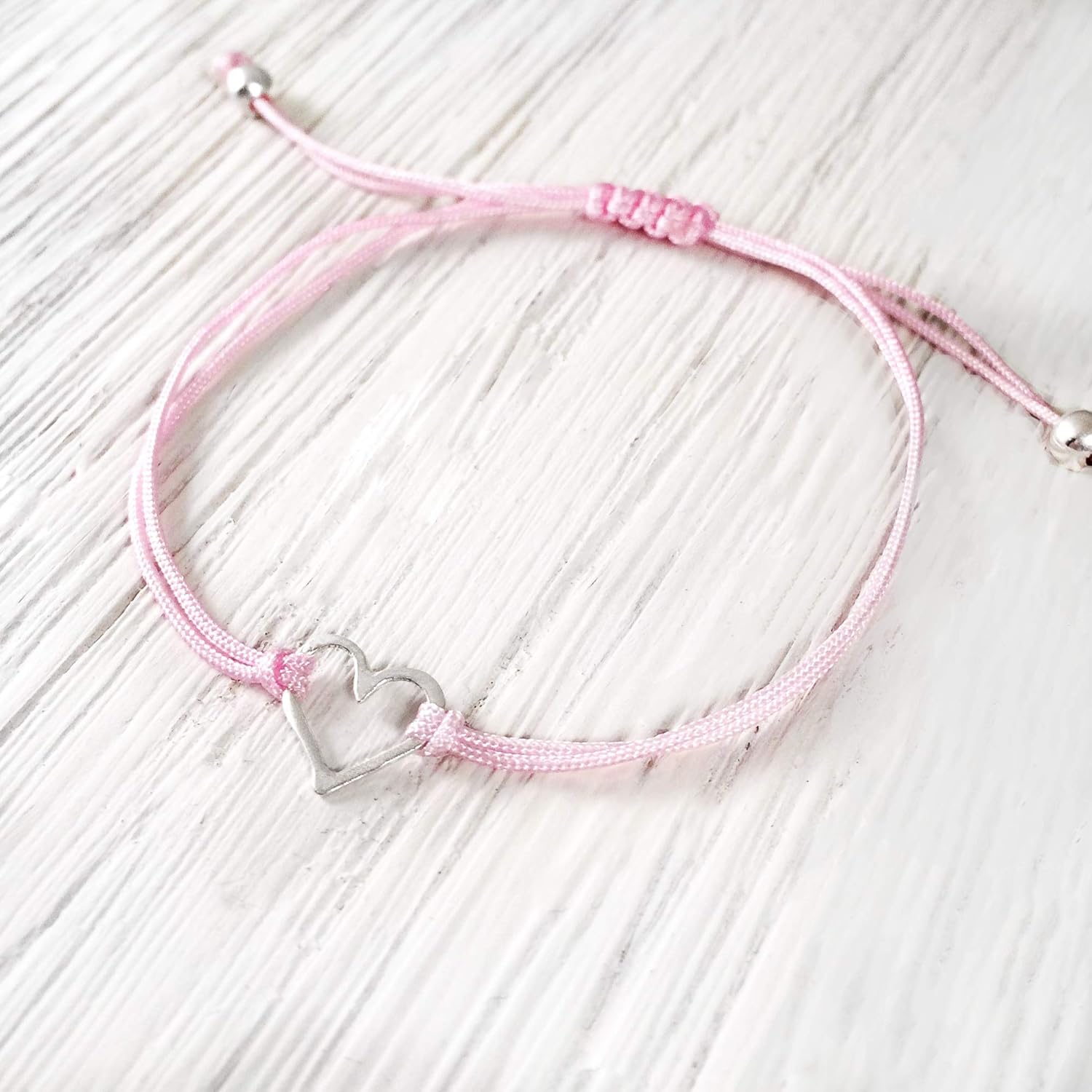 Pink Womens Friendship Bracelet, Small Handmade Sterling Silver 925 Open Heart Shaped Charm, Pull Adjustable Kindred Cord Thread. Perfect Small Gift - Image 2