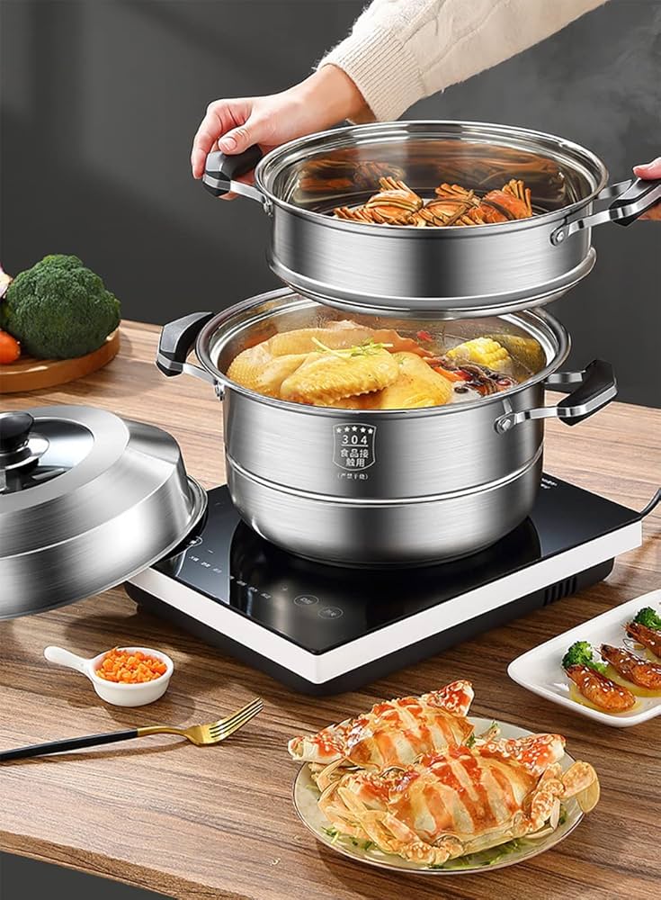 ステンレススチール”大中小片手鍋、蒸し器セット(大) ステンレススチール”大中小片手鍋、蒸し器セット(大)