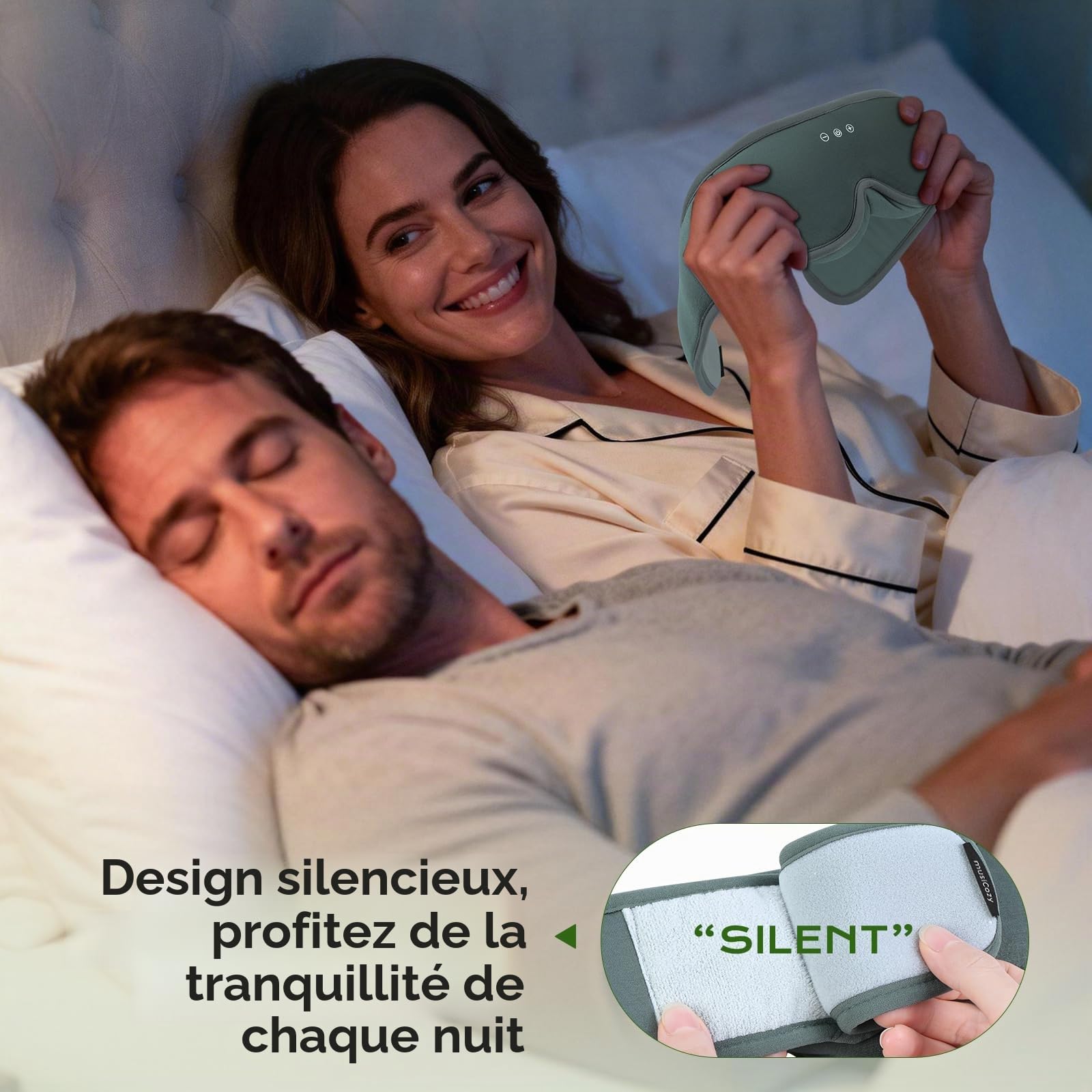 MUSICOZY Masque de sommeil Bluetooth 5.4 | Casque de sommeil 3D en coton de bambou avec sangle ultra silencieuse pour les personnes dormant sur le côté, masque pour les yeux 100 % occultant avec
