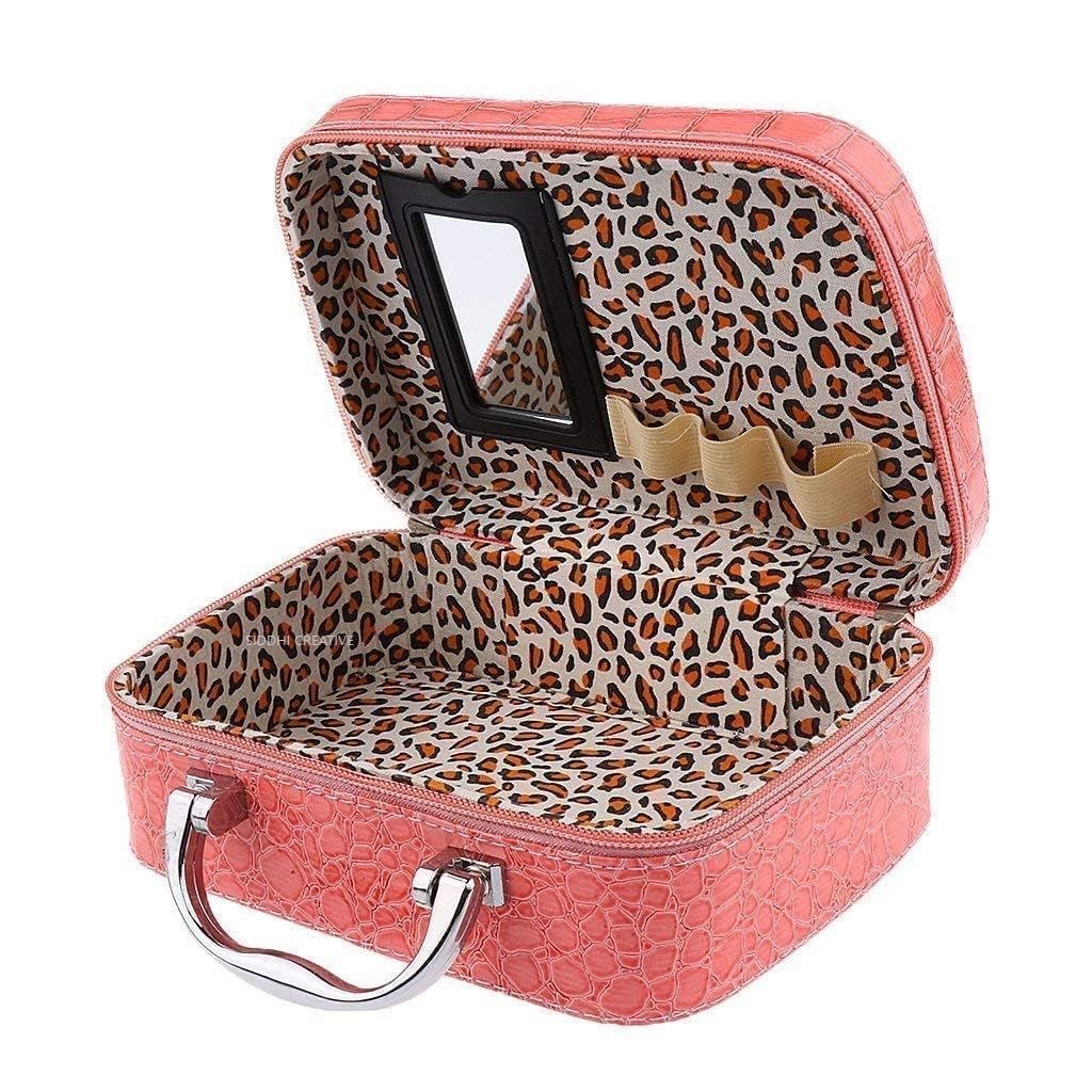 Makeup Vanity Case for Women & Girls, Portable Travel Cosmetic Storage Box with Mirror, Zipper Closure, Handle, Jewelry & Makeup Organizer, Pink Crocodile Pattern (20 x 14 x 7.5 cm) Pack of 1-image-10