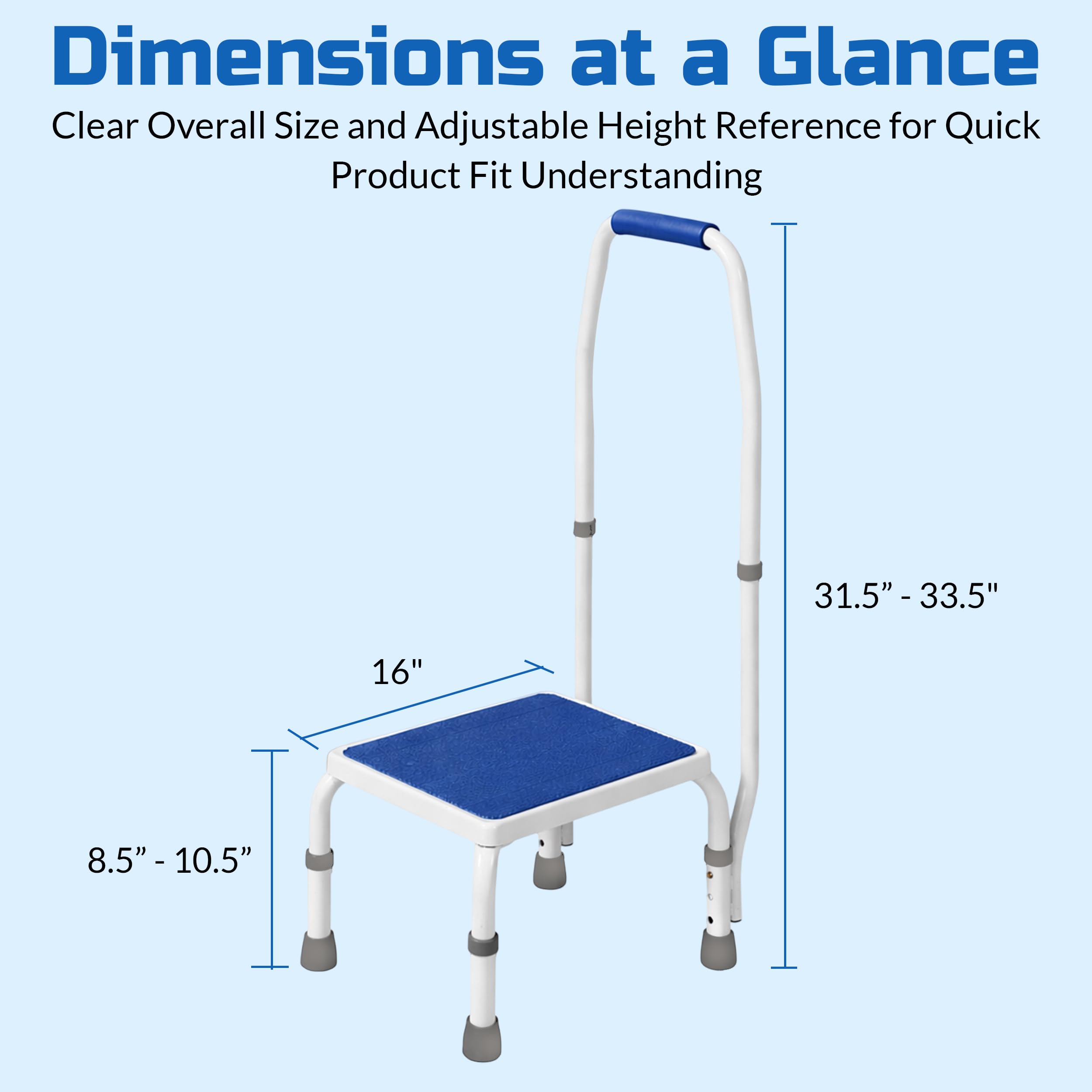 AdjustaStep(tm) Deluxe Step Stool/Footstool z uchwytem / rękojeścią, regulacja wysokości 2 produkty w 1. Nowoczesny biały / niebieski design. New for 2016. by Platinum Health