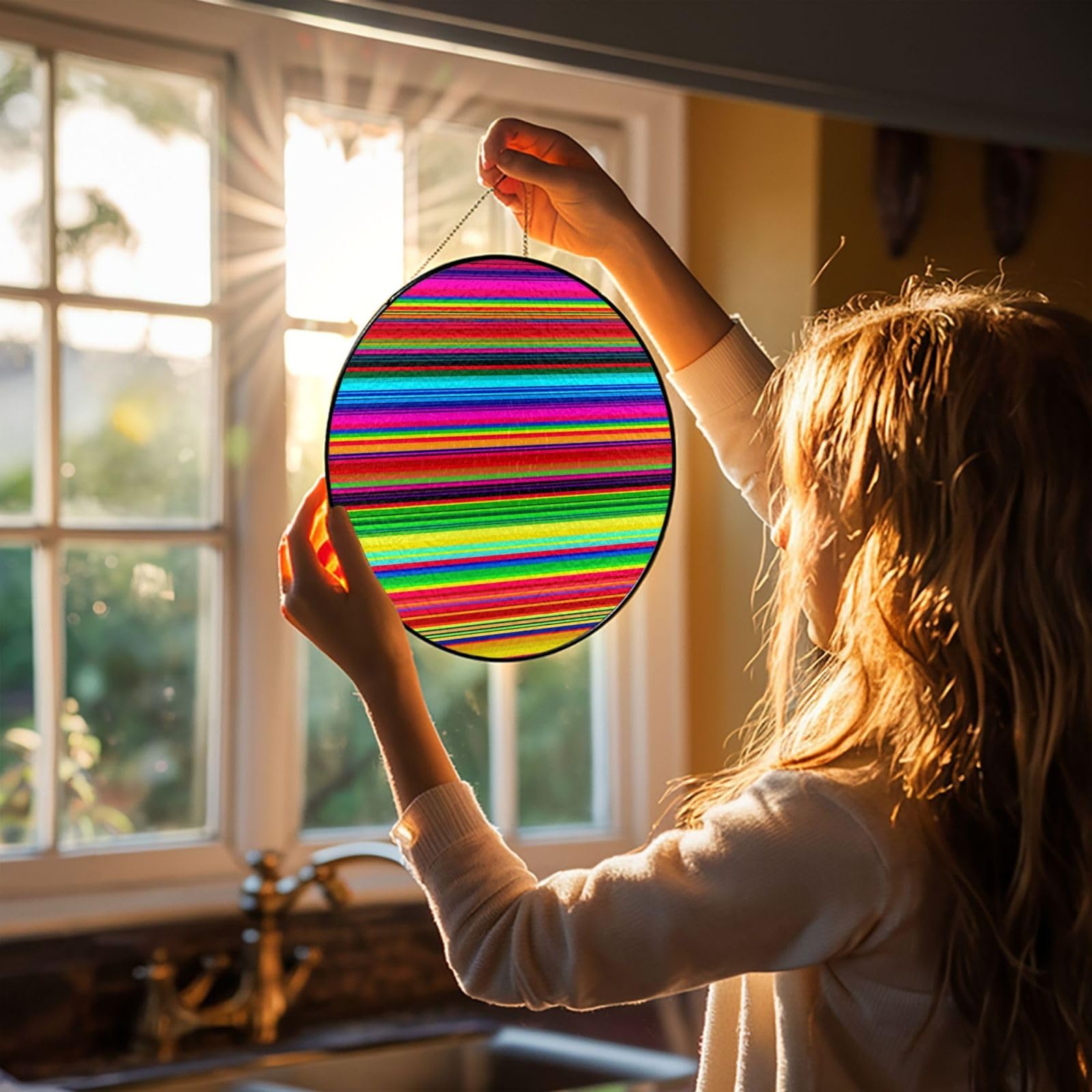 10in Stained Glass Window Hanging,Window Suncatcher Glass Panel with Metal Chain Colorful Mexican Stripes Sun Catchers Wall Art Home Decor Gift for Women Mother's Day