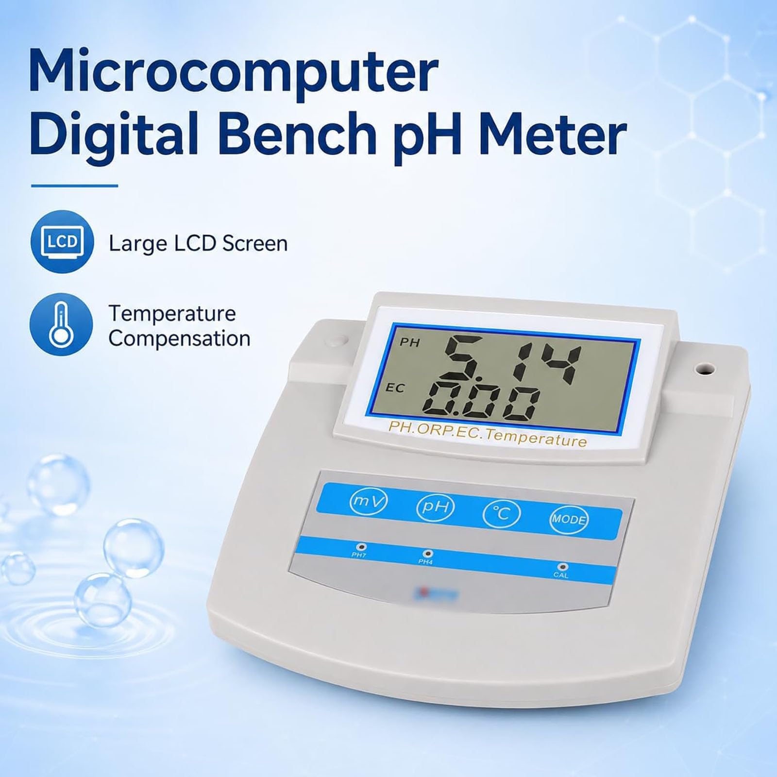 Kit de pH-mètre de paillasse 6-en-1 avec affichage numérique – Testeur de qualité de l'eau (pH, EC, ORP, TDS, CF, Temp.) avec compensation automatique de température (ATC) – Idéal pour laboratoires