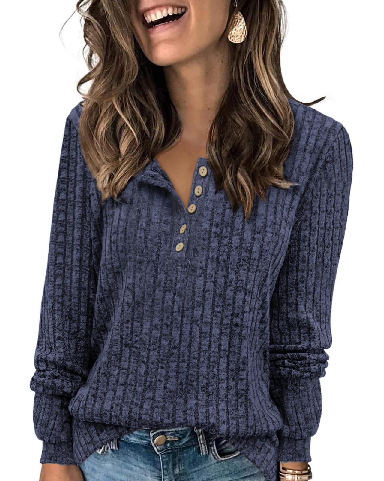 Tanmolo Damen Leichte Strickpullover Langarm Henley Shirt Herbst lässig Rundhals-Knöpfe Elegant Sweatshirt Tunika Tops