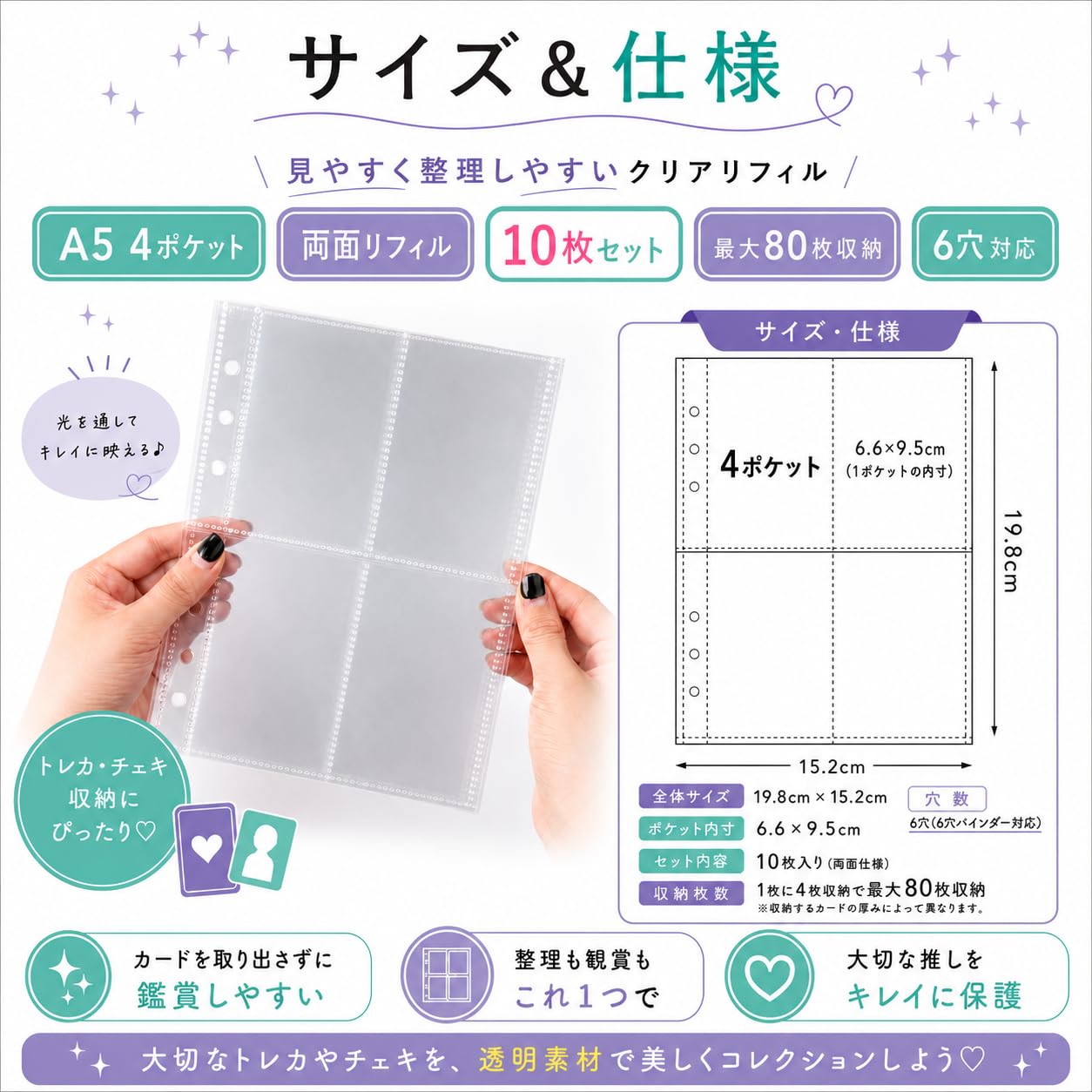Amazon | PinezOne A5 4ポケット 両面 10枚 6穴 リフィル 透明 トレカ