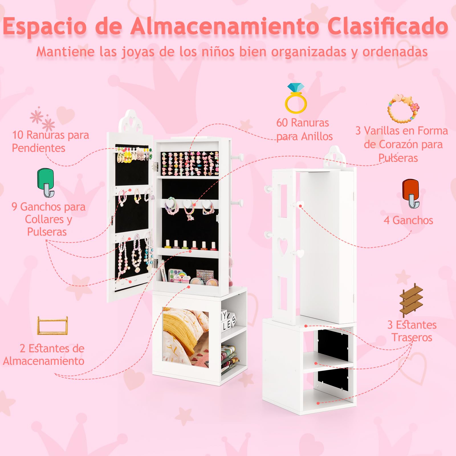 GOPLUS Armario de Joyería para Niños con Espejo de Cuerpo Entero, Organizador de Joyería Infantil de Pie con Perchero, Sistema Antivuelco, Armario de Joyería Princesa para Dormitorio (Blanco)