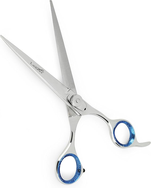 Tesoura Reta para Tosa de Cães e Gatos Laazar Pro em Aço Inoxidável com Cabo Azul, 17,78 cm