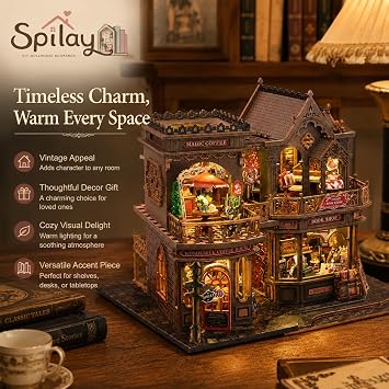 Spilay Miniature House Kits for Adults, Vintage Bookshop Cafe Dolls House