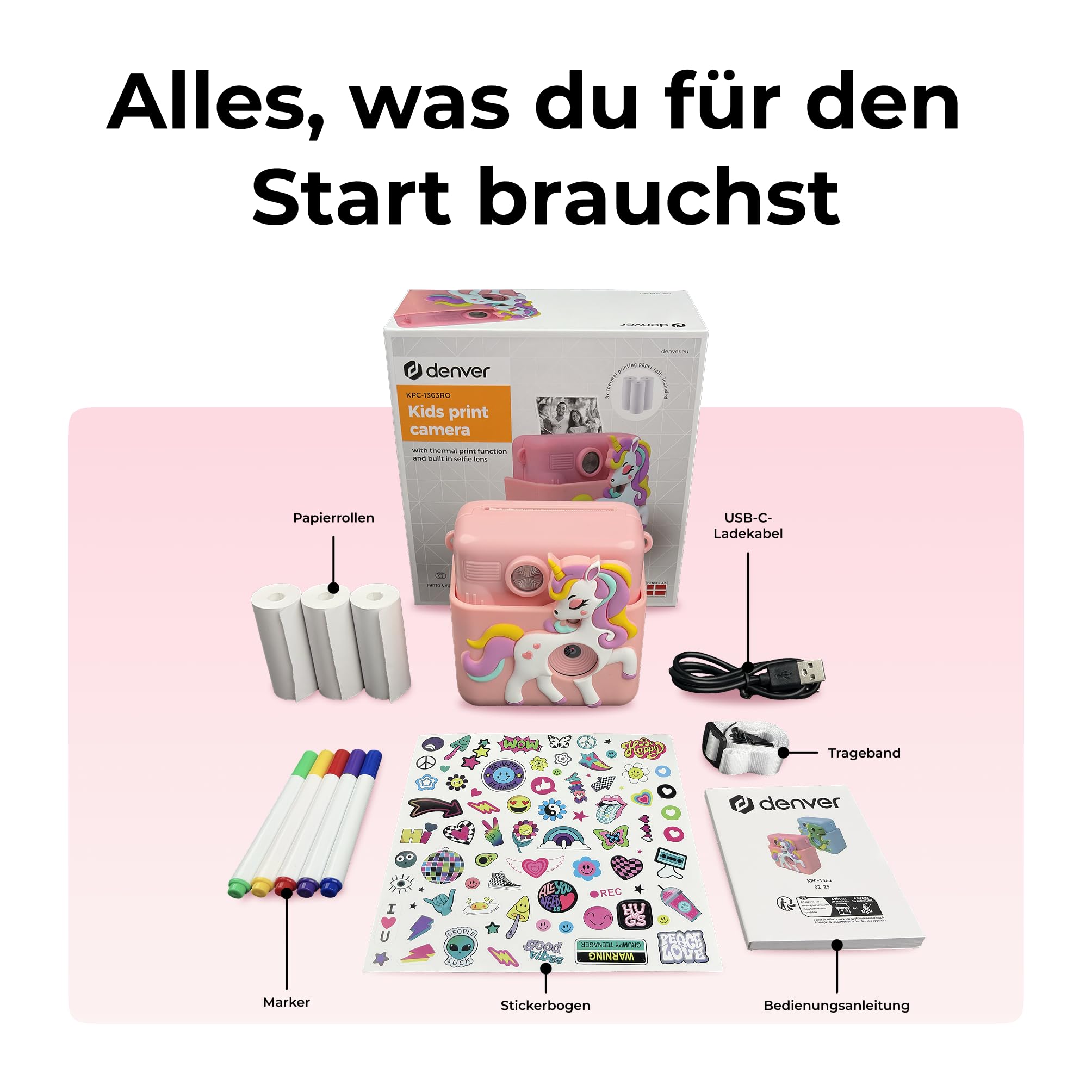 Denver KPC-1363RO Kinder-Sofortbildkamera, Rosa | Digitale Fotokamera, Thermo-Druckfunktion Schwarz-Weiß, 2,8" LCD-Display, Videoaufnahme, 3 Rollen Druckpapier inkl.