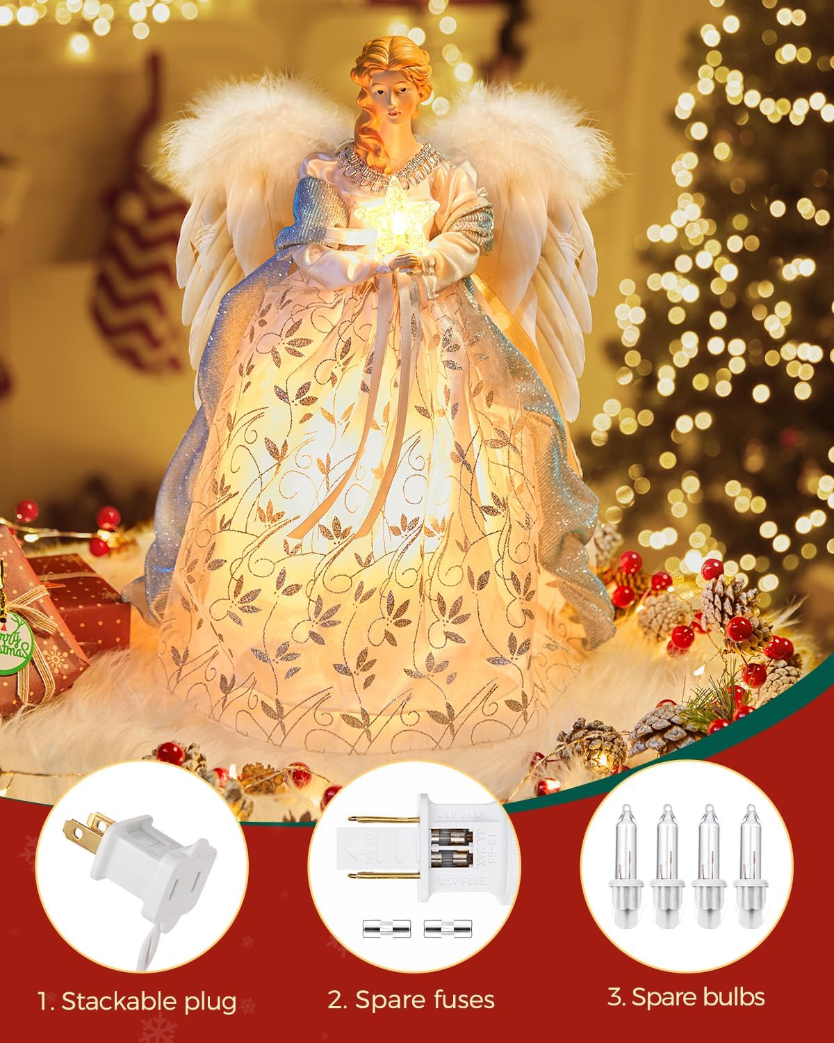 Christmas Angel Tree Topper with Feather Wings, Plug in Christmas Tree Ornament for Indoor Office Xmas New Year Holiday Tree Decoration, White and Blue