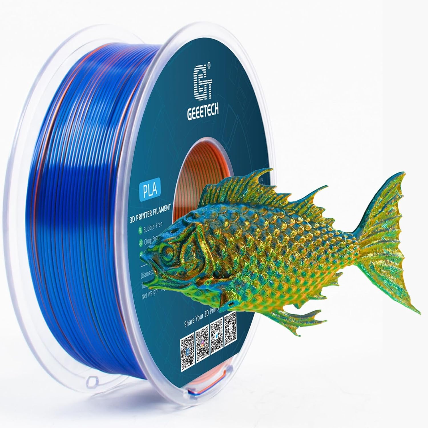 Geeetech 3D Printer Silk PLA Tri-Color Filament, Metal-Like Shiny Silk Filament 1.75mm 1kg (2.2lbs) Spool, Dimensional Accuracy +/- 0.02 mm, Tri-Color Orange Blue Green - Image 2