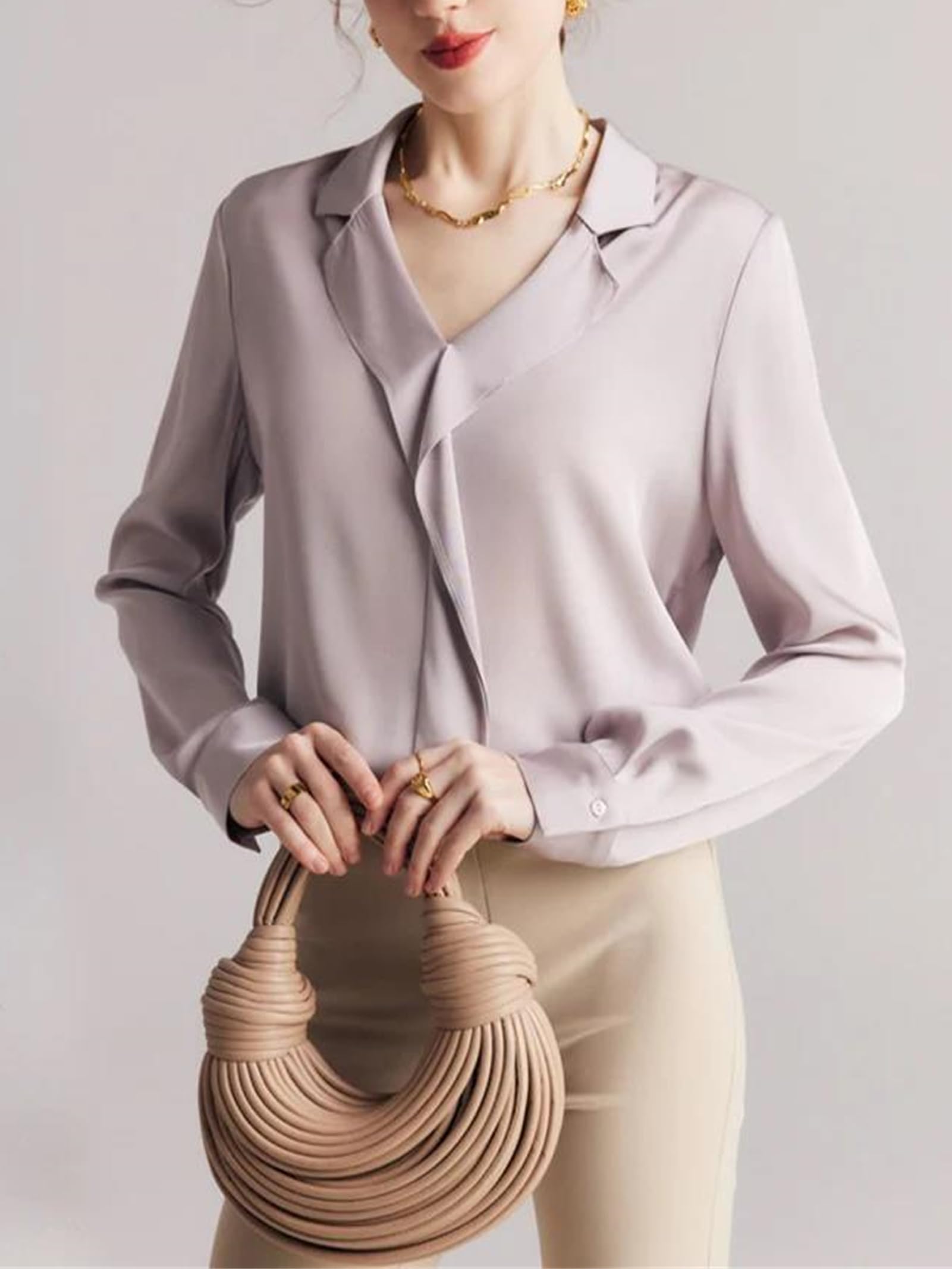 Blusas elegantes para mujer, con volantes, cuello en V, lisas, para oficina